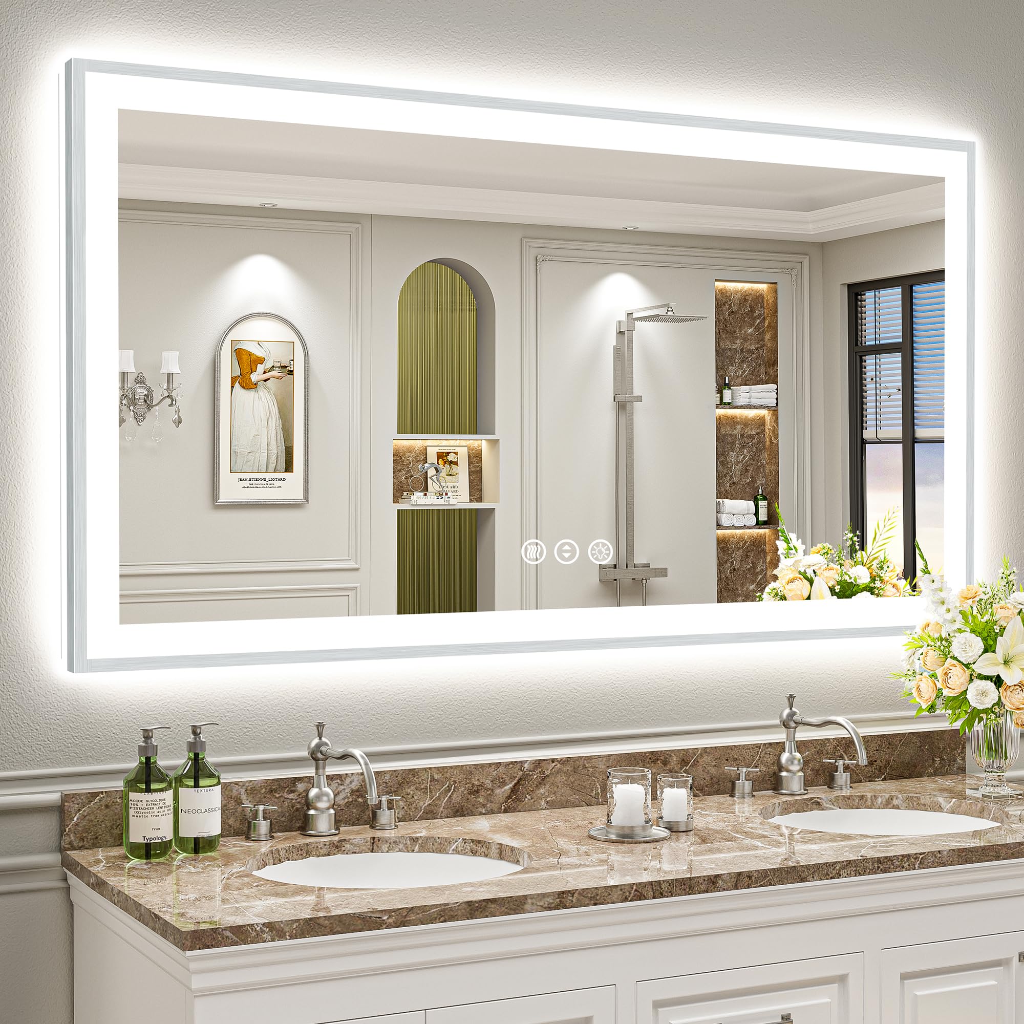 66x36 Brushed Nickel LED Bathroom Mirror with Lights, Backlit &amp; Front-Lit, Anti-Fog, Framed Lighted Vanity Mirrors for Bathroom Wall, Dimmable, 3 Colors, Memory, Shatter-Proof, Tempered Glass