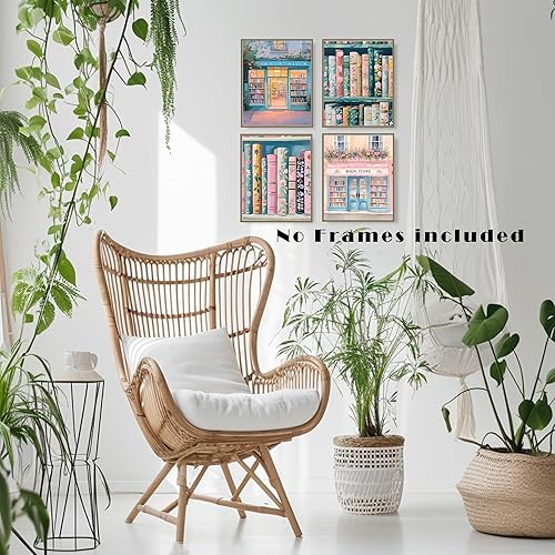 Miniatura 4 de LUKIPOM Juego de 4 impresiones artísticas para pared de librería floral rosa vintage de 8 x 10 pulgadas, arte de pared de libros botánicos retro
