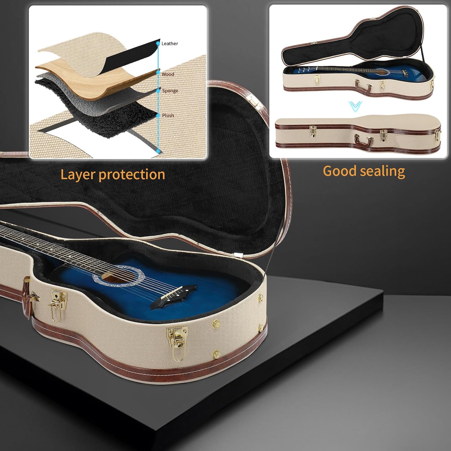 Vasitelan 39" Acoustic Guitar Hardshell Case,Wood Hard-Shell Case With Lock