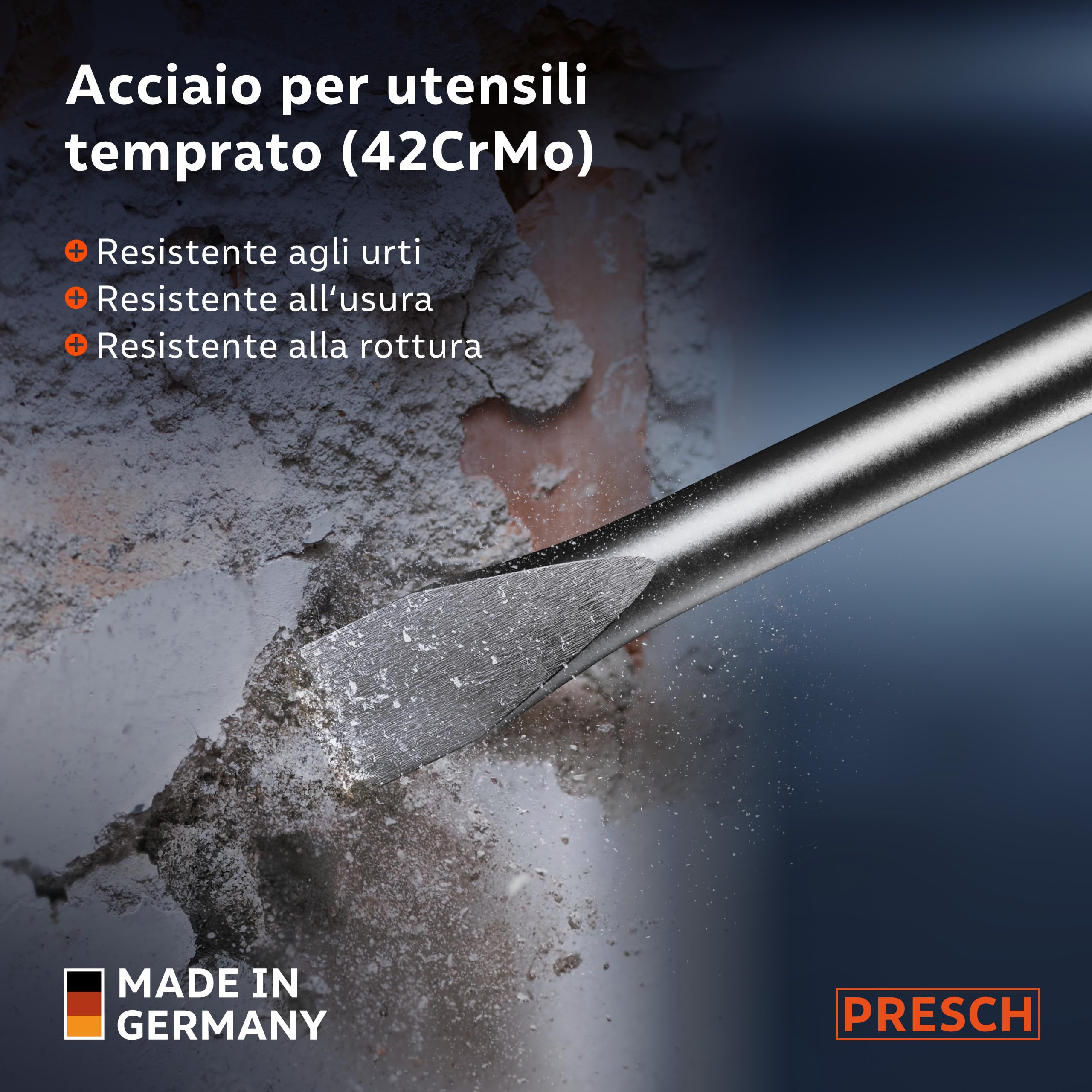 PRESCH SDS plus Scalpello piatto - Tagliente largo 20 mm, estremamente robusto e durevole - Per tutti i lavori di demolizione (lunghezza 250 mm) - Acciaio ad alte prestazioni per colpi potenti