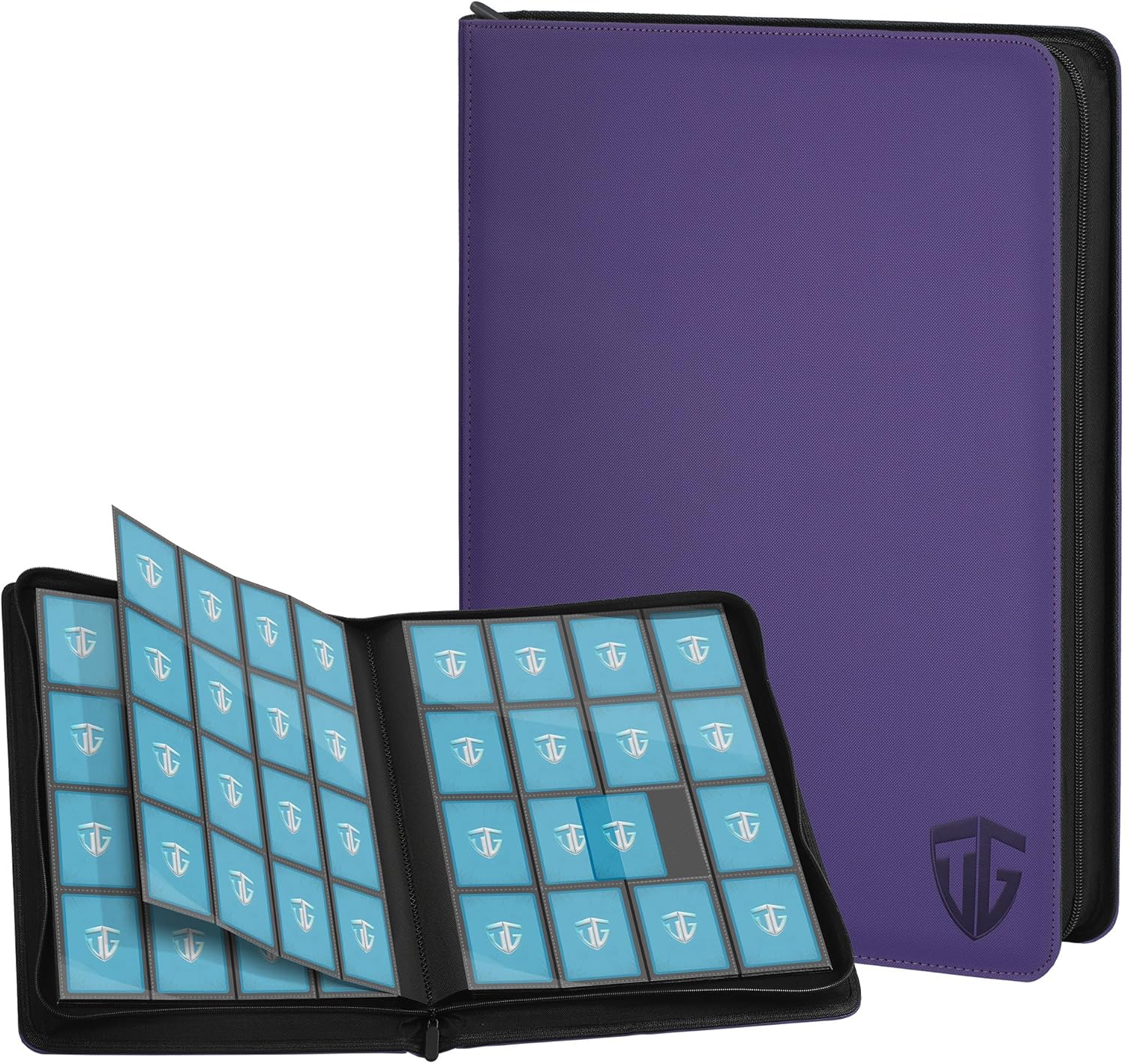 16 Pockets Trading Card Zipper Binder for 1000+ Cards| Secure Side Loading Pockets | Trading Card Album Folder | Compatible with YuGiOh, MTG,Sports Cards (Purple 16)