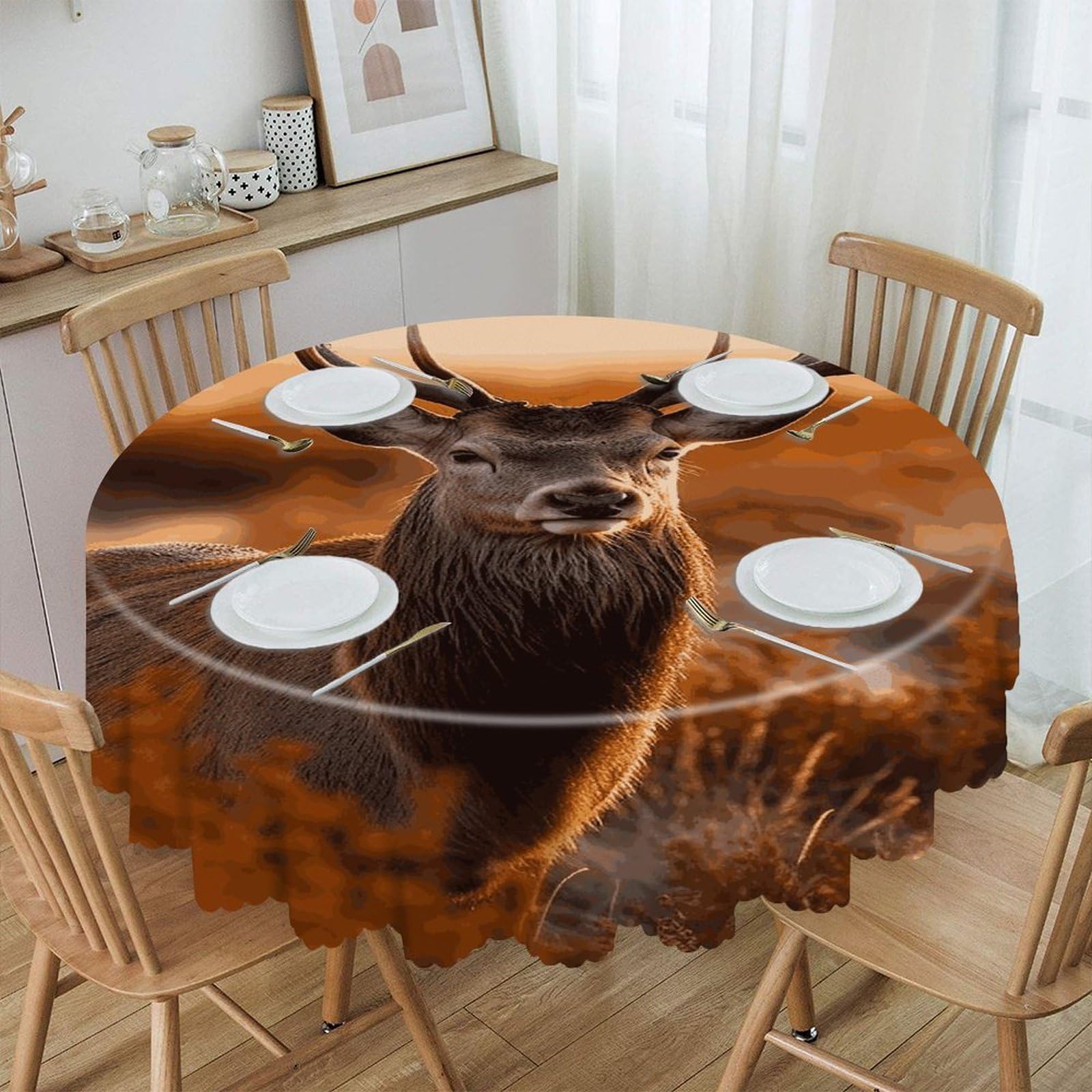 VstaDank Antler Red Deer Round Tablecloth 60 Inch Easy to Clean Circle Table Cover Thick Decorative Round Polyester Table Cloth for Dining Kitchen Party Farmhouse Outdoor