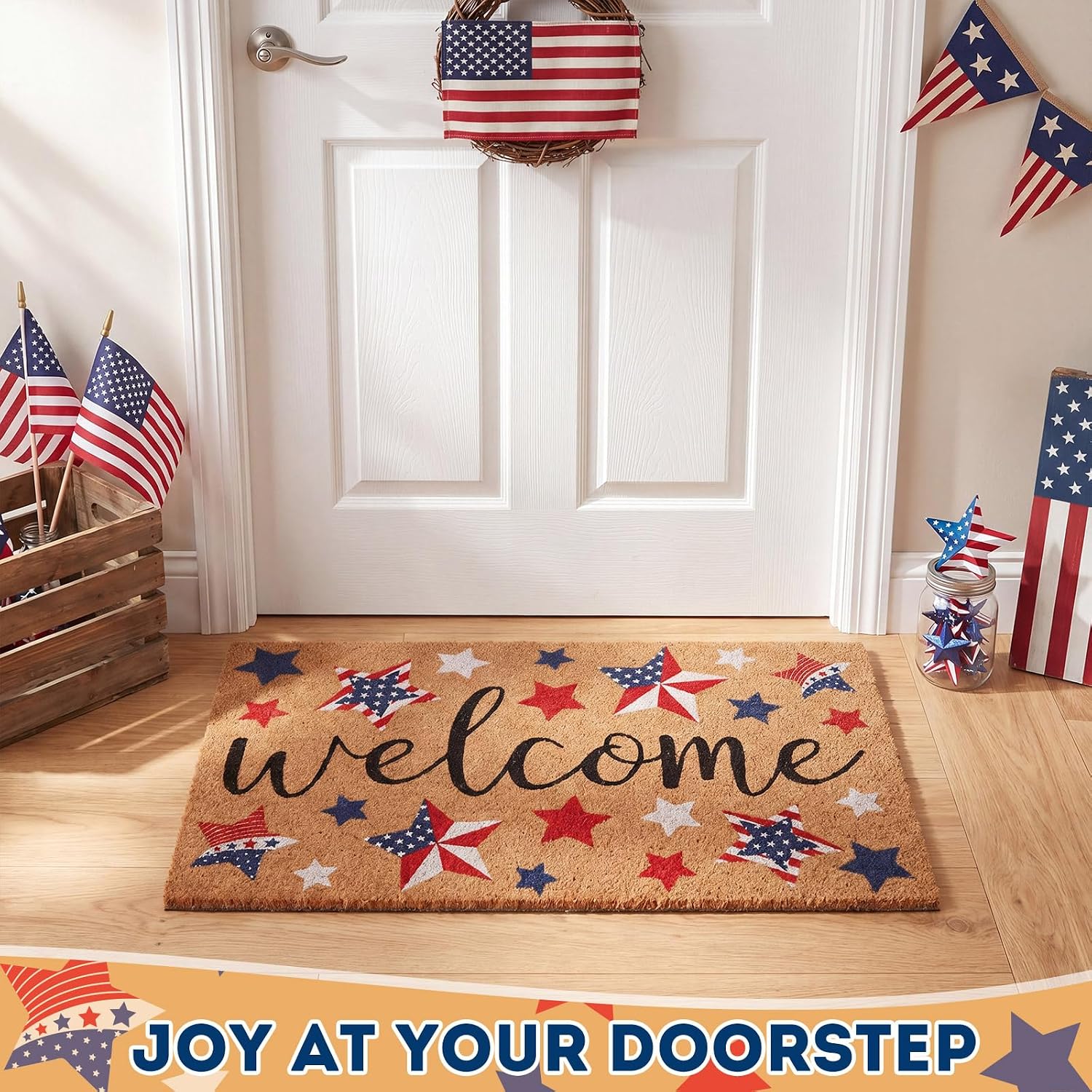 Dunzy Patriotic Welcome Doormat 250 Anniversary 4th of July Doormat, Independence Door Mat Red Blue Star Mat Non Slip Outdoor Entrance Rug, Faux Coir Mats for Patriotic Front Porch Decor, 16.5 x 30''