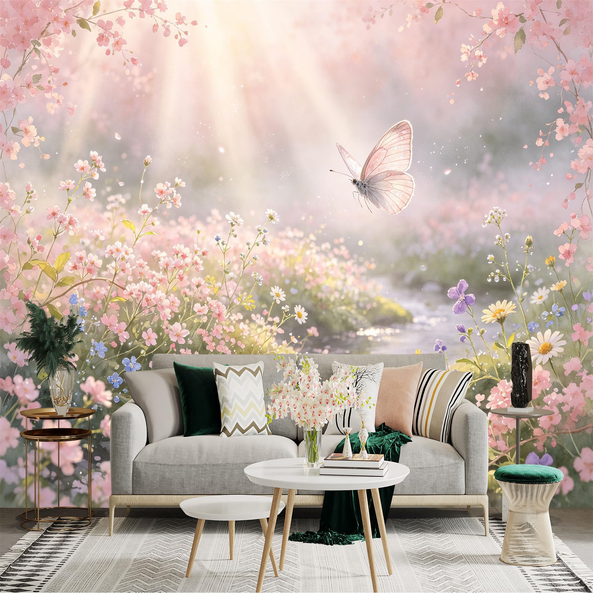 Lnzczhyre Bh260719373 Custom Size Wall Sticker Mural， Pink Floral Meadow， Butterfly Flying Over Creek， Romantic Spring Garden Scenery， For Wall Decoration， Peelandstick Wall Decals.