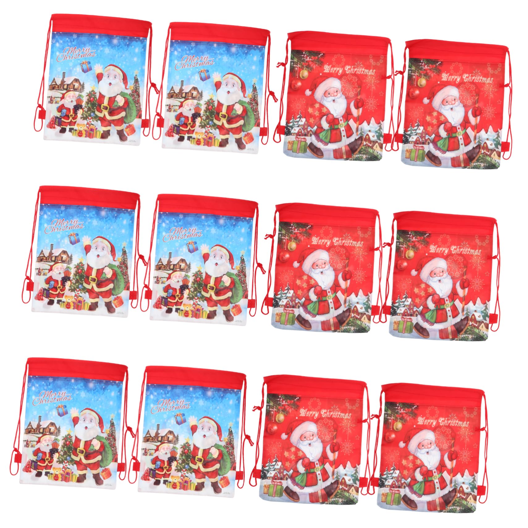 Amosfun 12Pcs Christmas Santa Sack Drawstring Bag Nonwoven Xmas Package Storage Gift Bag Christmas Event Party Decoration