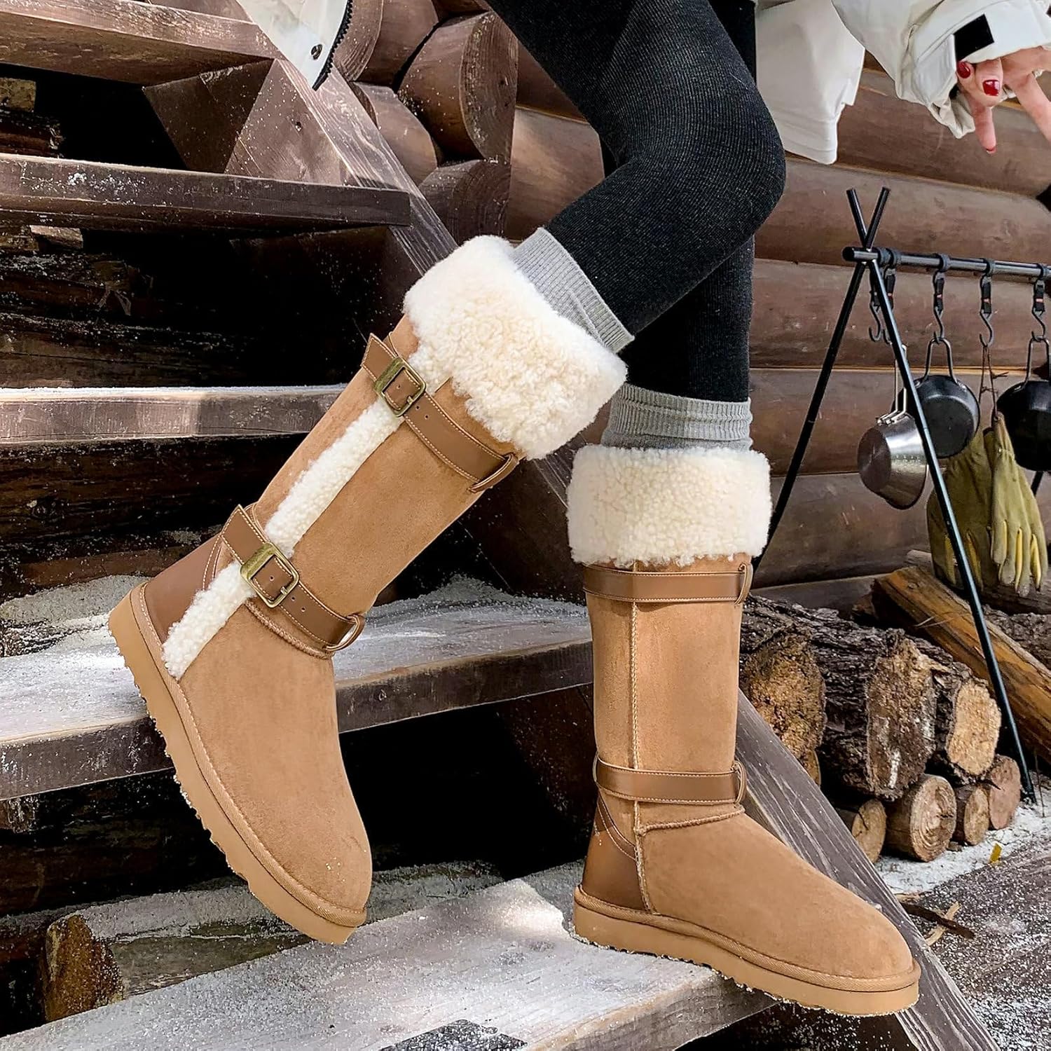 Trendenzy Womens Knee High Faux Fur Snow Boots Furry Fluffy Fuzzy Round Toe Warm Winter Boots Pull On Tall Boot with Buckle