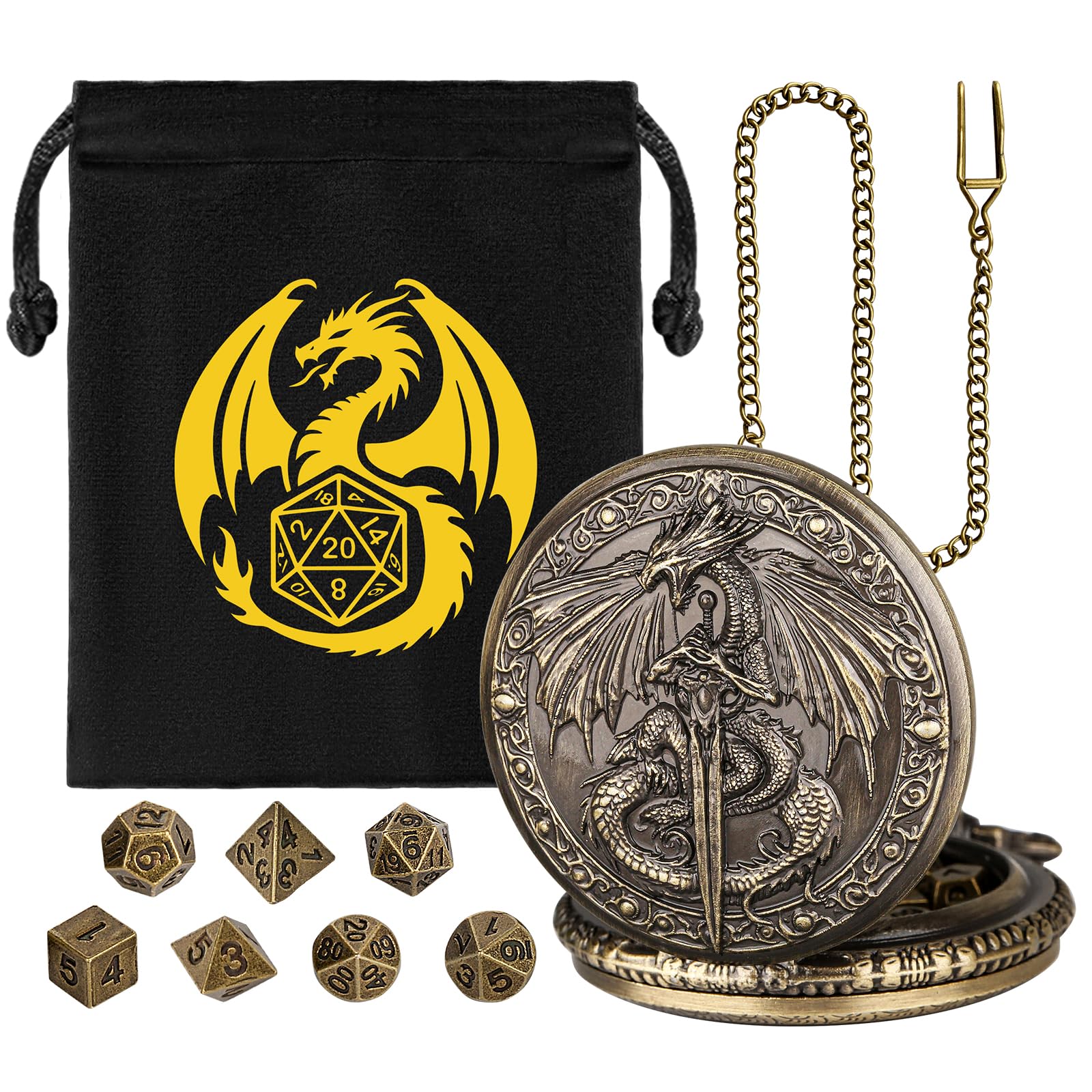 Mini DND Würfel Set, mit Steampunk Fliegender Drache und Schwert Taschenuhrgehäuse, 7-teilige Polyedrische Metall D&D Würfel, DND Geschenktüte mit Drachen Logo, Rollenspiel Brettspiel-Zubehör, Bronze