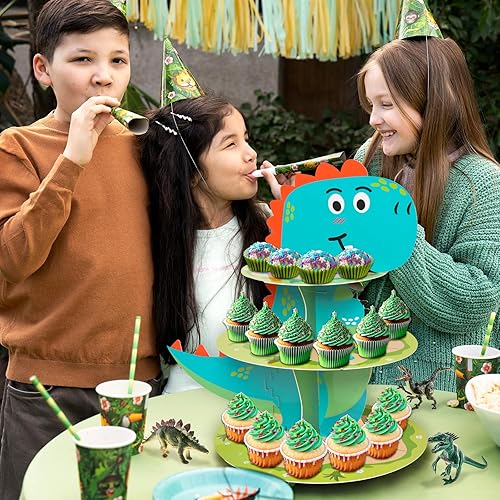 Miniatura 7 de Soporte para cupcakes de dinosaurio, soporte de cartón de 3 niveles para cupcakes, decoración de fiesta con temática de dinosaurio, torre de postre