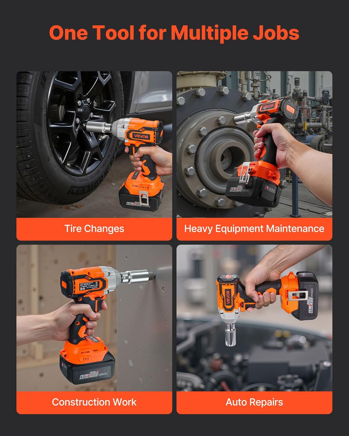 VEVOR Cordless Impact Wrench, 280 ft-lbs / 380 N·m High Torque, 3/8 inch, 20V Electric Impact Wrench with Brushless Motor, 4Ah Battery, Charger, 5 Sockets and Belt Clip, for Car Tire Truck DIY