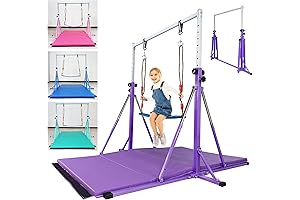 Foldable Kids Gymnastics Bar with Rings and Mat, Adjustable Height from 3'...