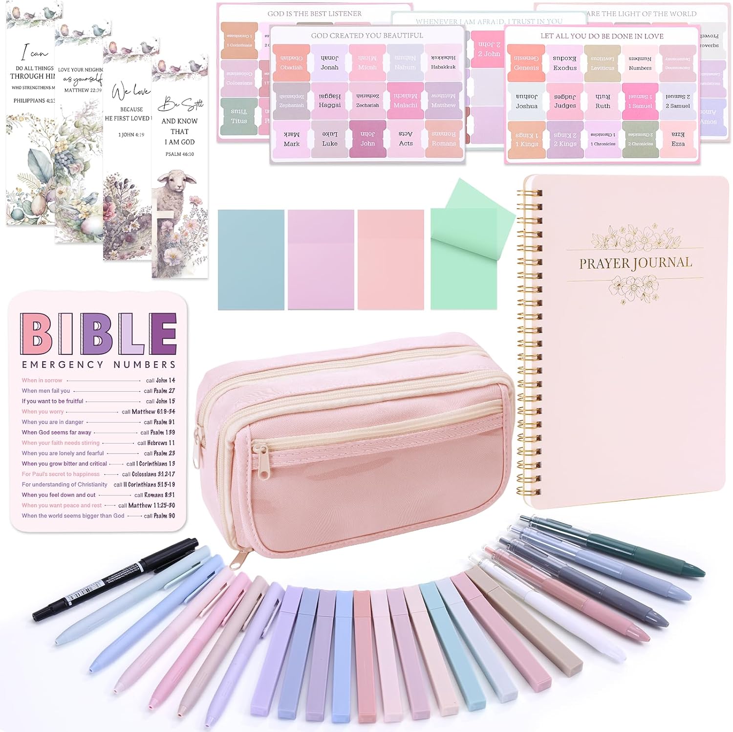 XKDOUS Bible Study Supplies Journaling Kit for Women, Bible Study Kit, 12 Pastel Highlighters and 12 Pens No Bleed, 75 Laminated Tabs, Prayer Journal Pencil Case and More, Pink