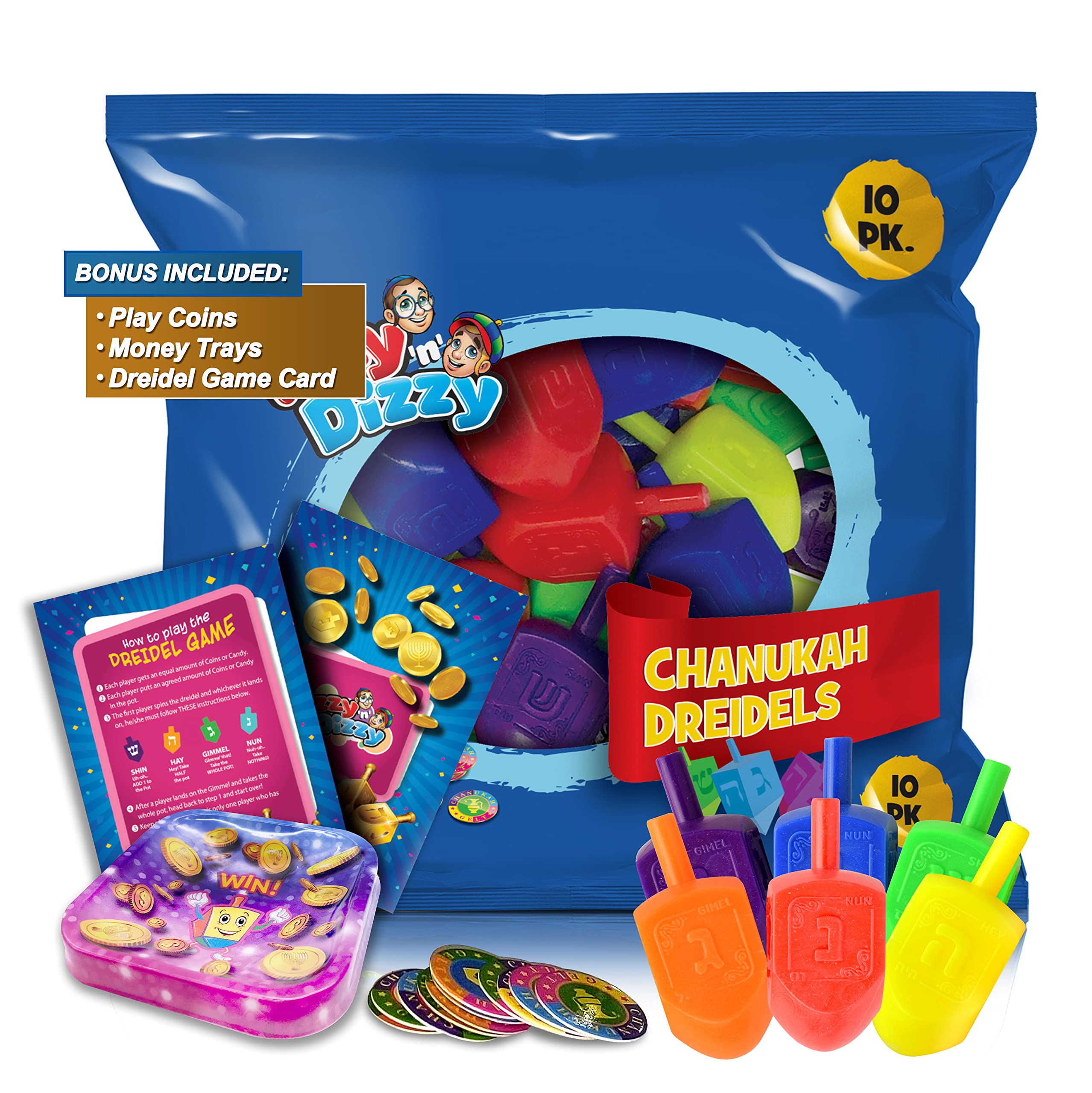 Izzy 'n' Dizzy Hanukkah Dreidels - Multi Color Plastic Dreidel - 10 Pack Medium