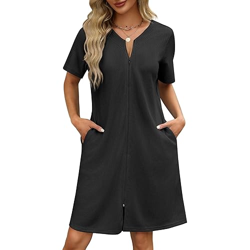 Ekouaer Women Zipper Robes Waffle Short Bathrobe Lightweight House Coat with Pockets Soft Nightgown S-3XL