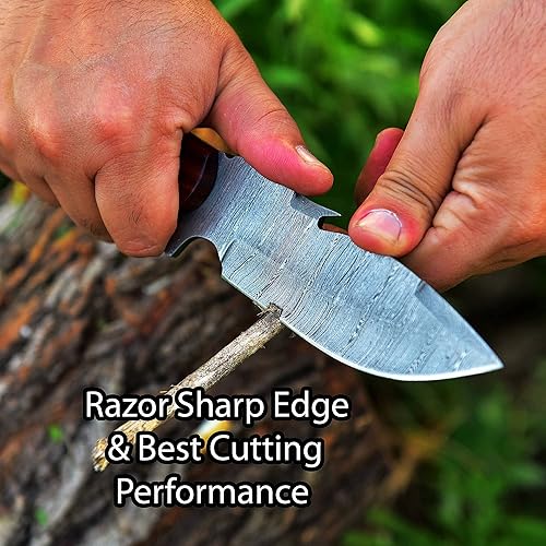 Miniatura 3 de Cuchillo de caza con funda de cuero  Gancho intestinal hecho a mano, cuchillo de acero de Damasco de espiga completa  Cuchillo de hoja fija