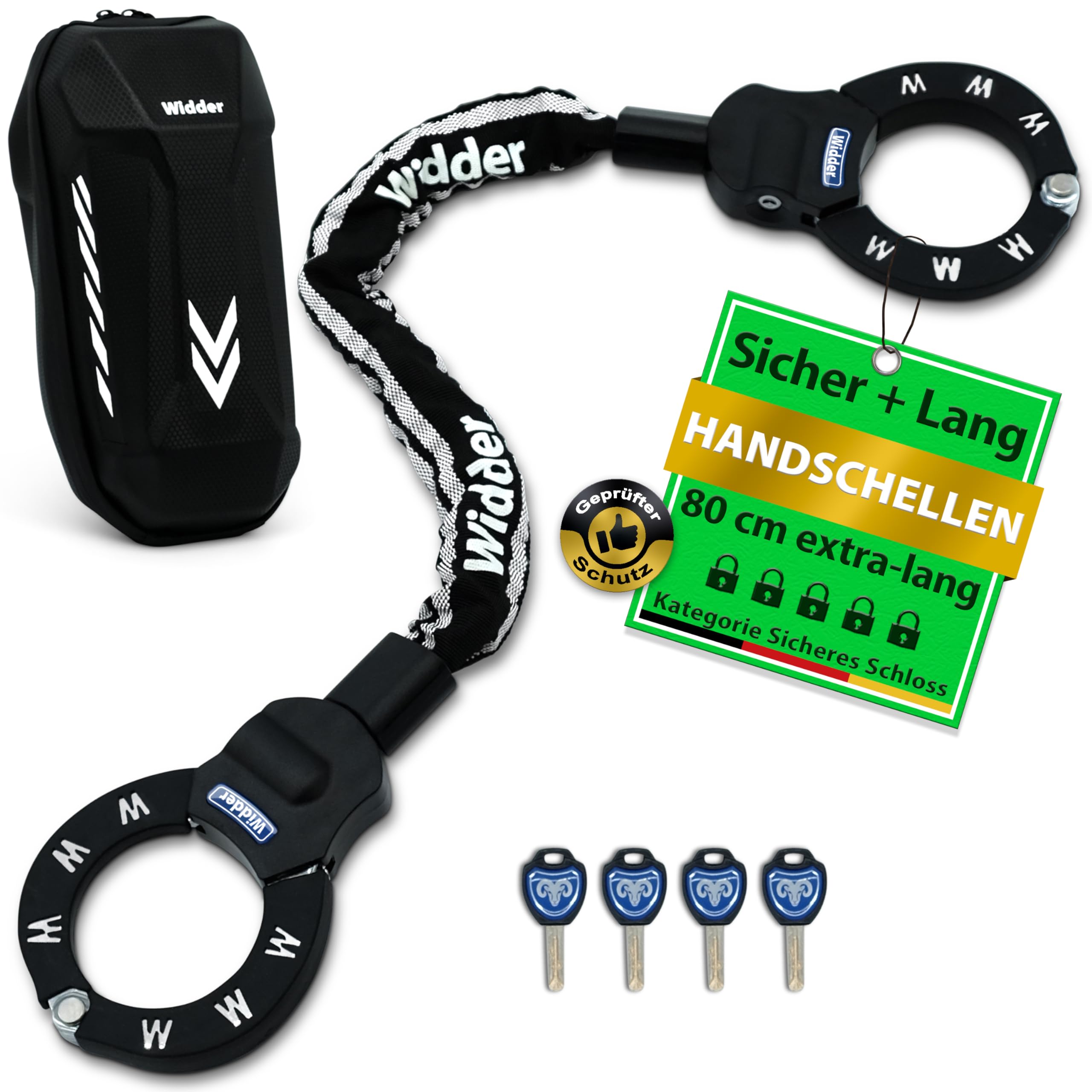 WIDDER Sicheres Handschellenschloss [80cm lang, 4 Schlüssel, 8mm Massiv Stahl] E Scooter Schloss mit Tasche – Handschellen Schloss für e Roller & Fahrrad - Fahrradschloss, e-scooter & e bike lock