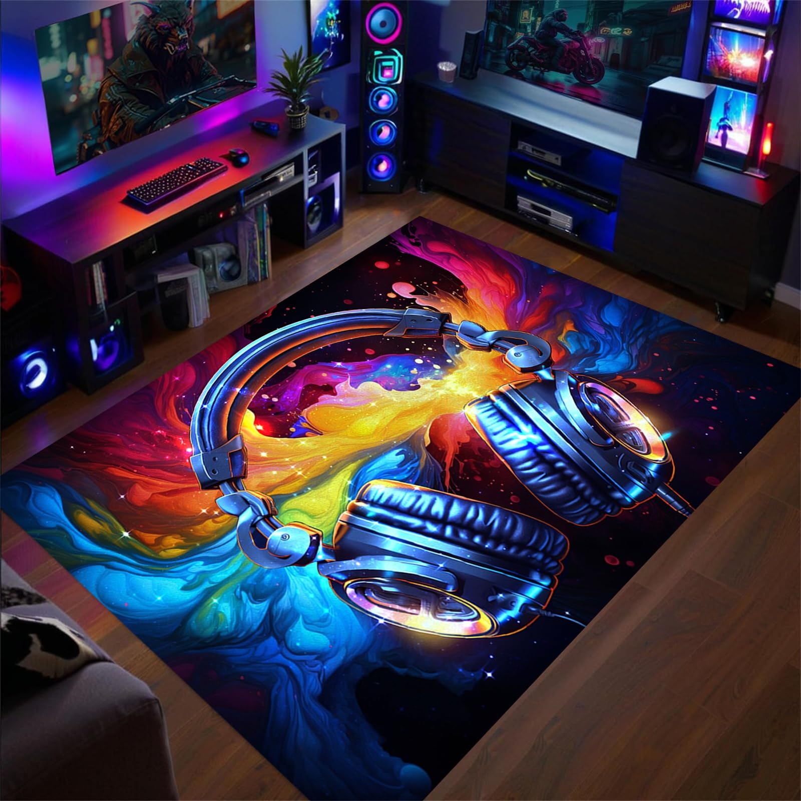 AOESELN 180x260 Cm Game Area Rug Music Headphone Rugs Colorful Graffiti Cool Throw Rugs 3D Indoor Large Rugs, Non-Slip Machine Washable Carpet Door Mats for Playroom Gameroom Decor Floor Mats