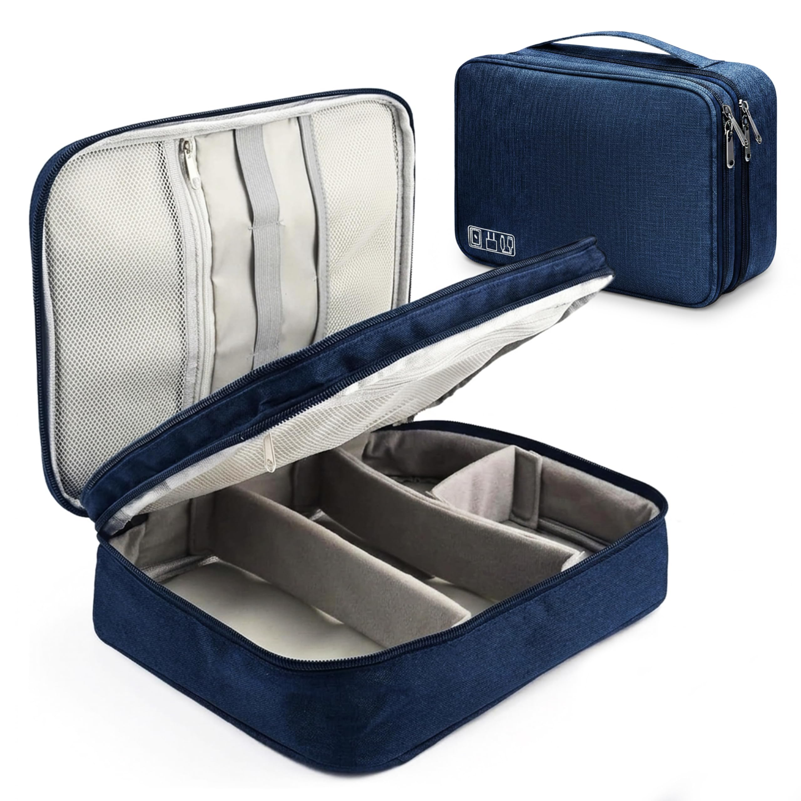 Electronic Bag Travel Cable Accessories Bag Double Layer Electronics Organizer Portable Storage Case for Cable, Cord, Charger, Phone, Adapter, Power Bank, Hard Drives (Navy Blue, Model 1)-image-18
