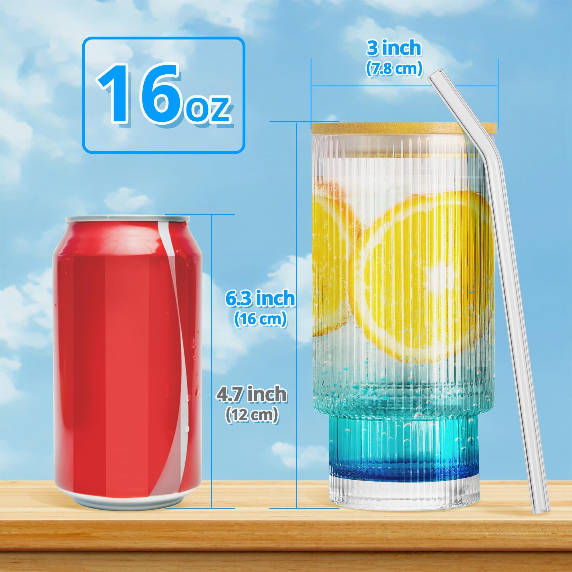 AiMQnLe Glass Cups with Lids and Straws - 16 oz Iced Coffee Cups, Vintage Ribbed Drinking Glasses with Bamboo Lids, Glass Tumbler for Juice, Beer, Coffee, Milk, Cocktail, Water (4 Pack) (4) 2