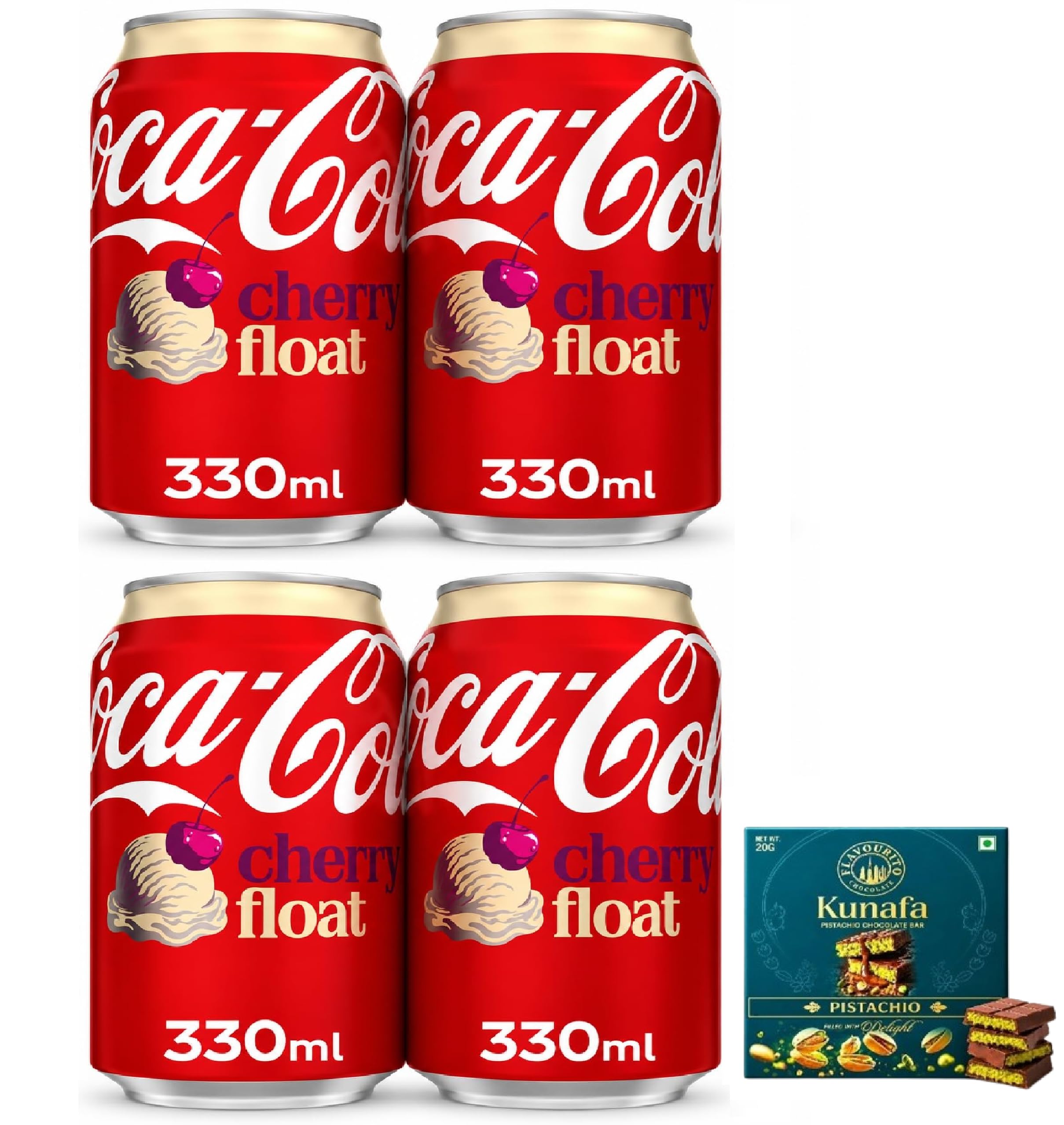 Coca-Colaa Cherry Float Flavoured Carbonated Soft Drink, 330ml Cans (Pack of 4),Get Free Flavourito Kunafa Pistachio Chocolate Bar, 20g By Decadent Foods,(Imported-UK)-image-23