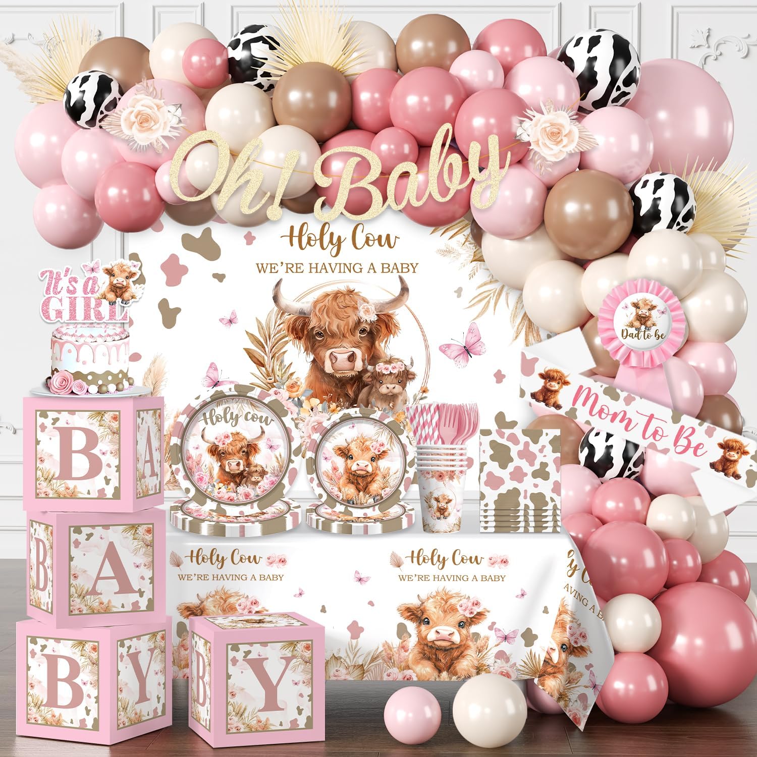 Highland Cow Baby Shower Decorations, Complete Pink Baby Shower Decorations, Holy Cow We're Having a Baby Banner Balloons Backdrop Paper Plates and Napkins Decor
