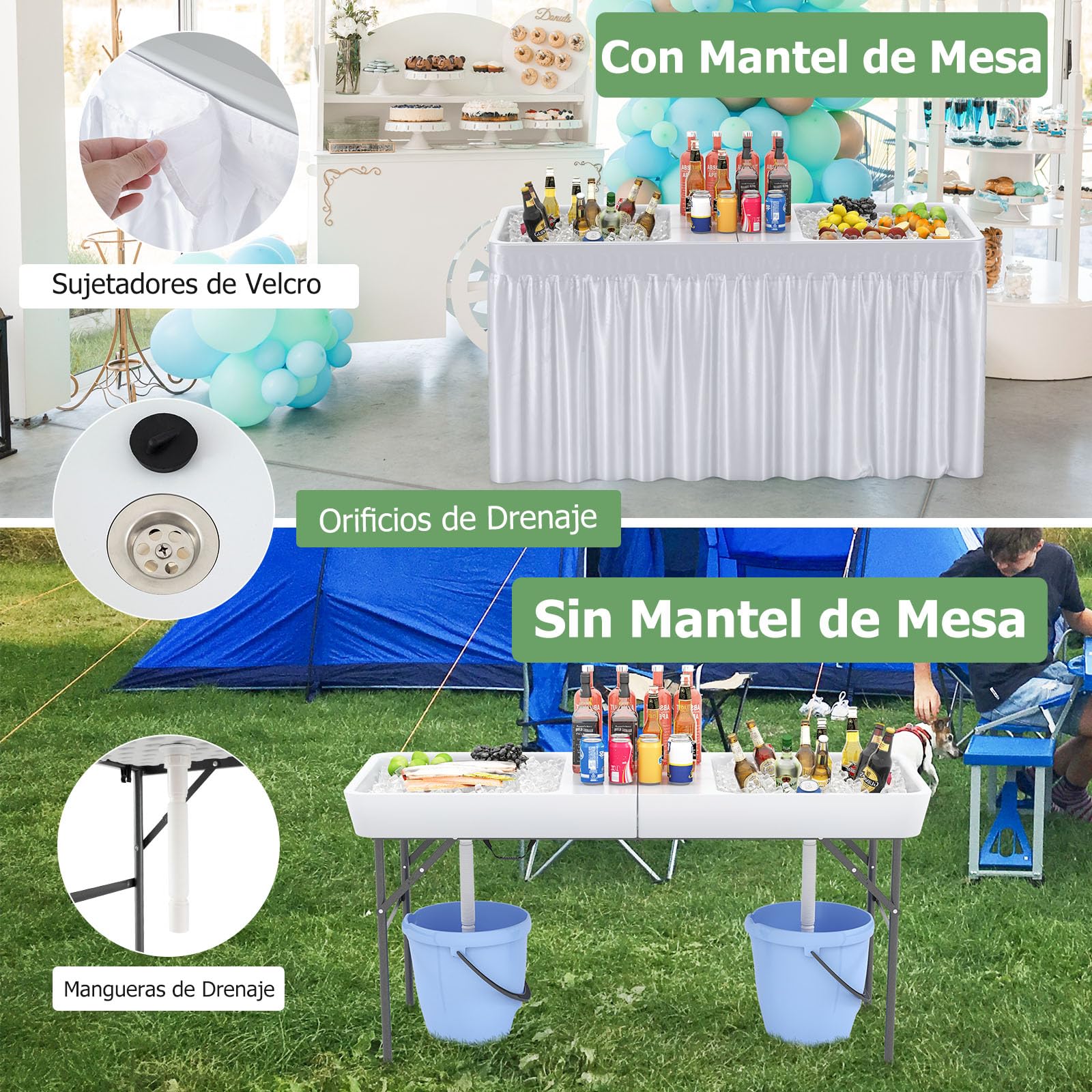 COSTWAY Mesa Enfriadora de Hielo Plegable de 150 cm, Mesa Refrigerante para Exteriores con Doble Fregadero, Falda a Juego y Manguera de Drenaje, Portátil Camping, Fiestas, Picnic y Bodas