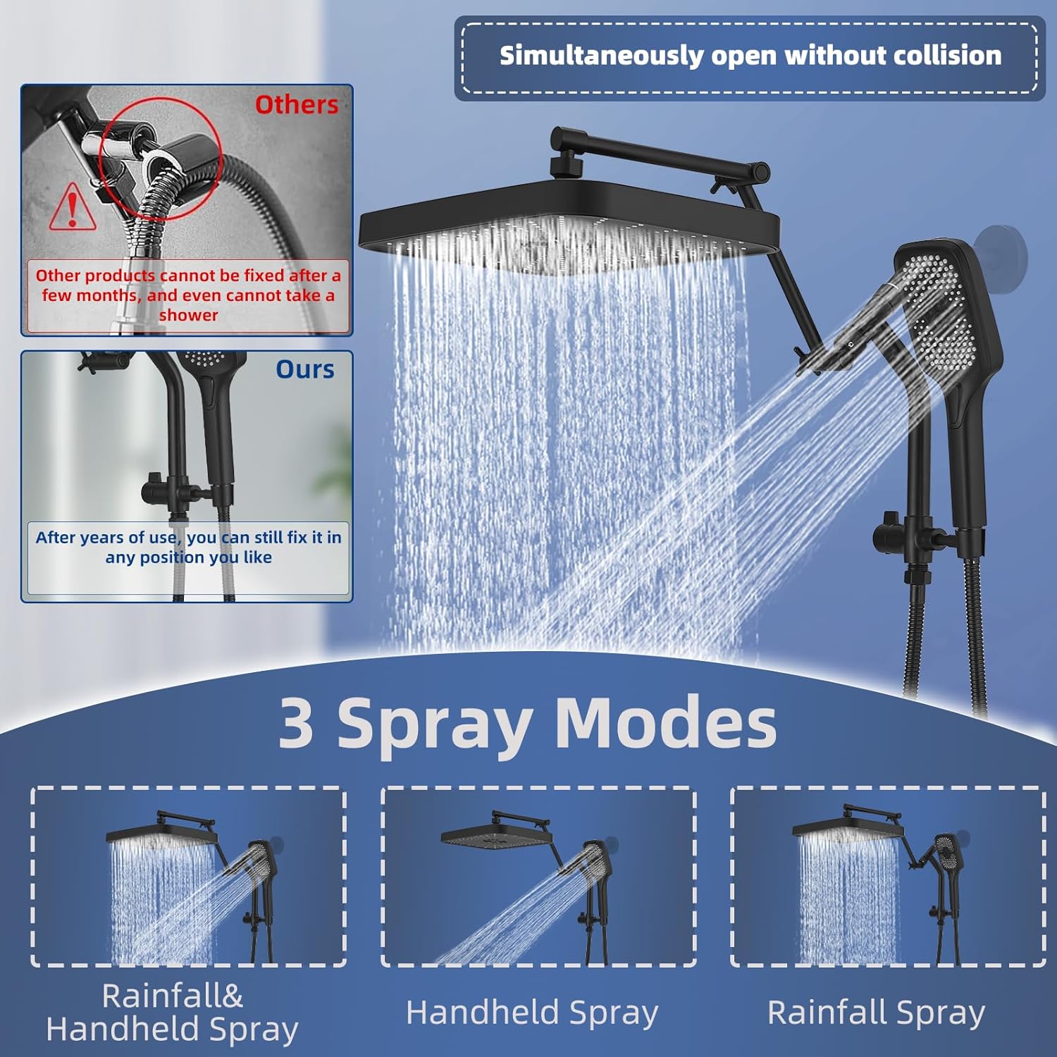 14" High Pressure Rain/Rainfall Shower Heads With Handheld Spray Combo (3+1 Settings & Built-in Power Wash Mode), Double/Dual Shower Head With Handheld - Height/Angle Adjustable(Matte Black)