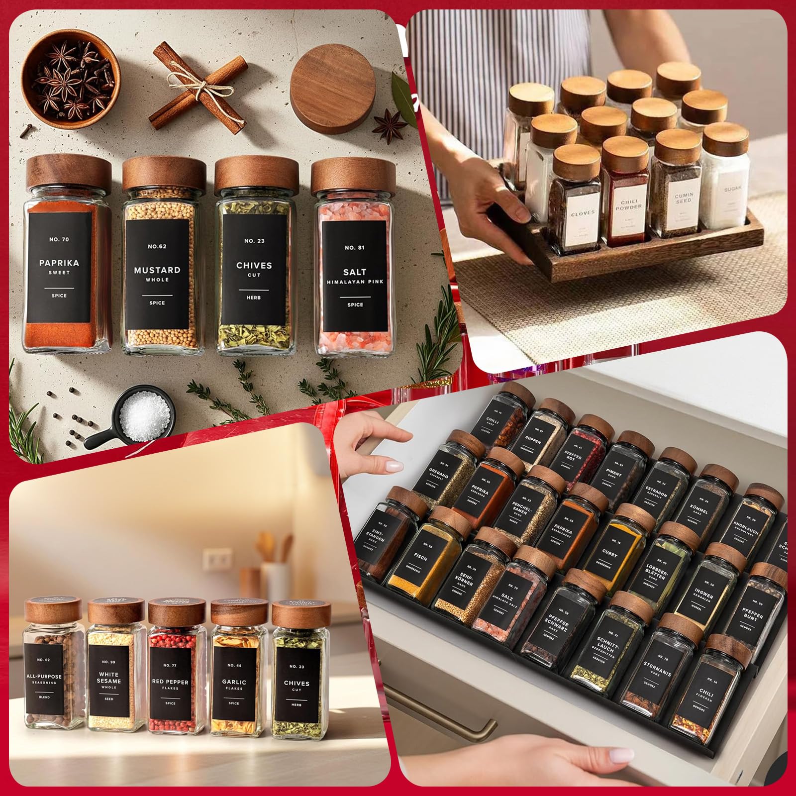 24 Pezzi Barattoli Spezie in Vetro da 120ml con Coperchio in Legno di Acacia, Etichette, Spazzola & Imbuto, Contenitori Spezie per Cucina, Barattolo Portaspezie Quadrati per Conservare Erbe Aromatiche