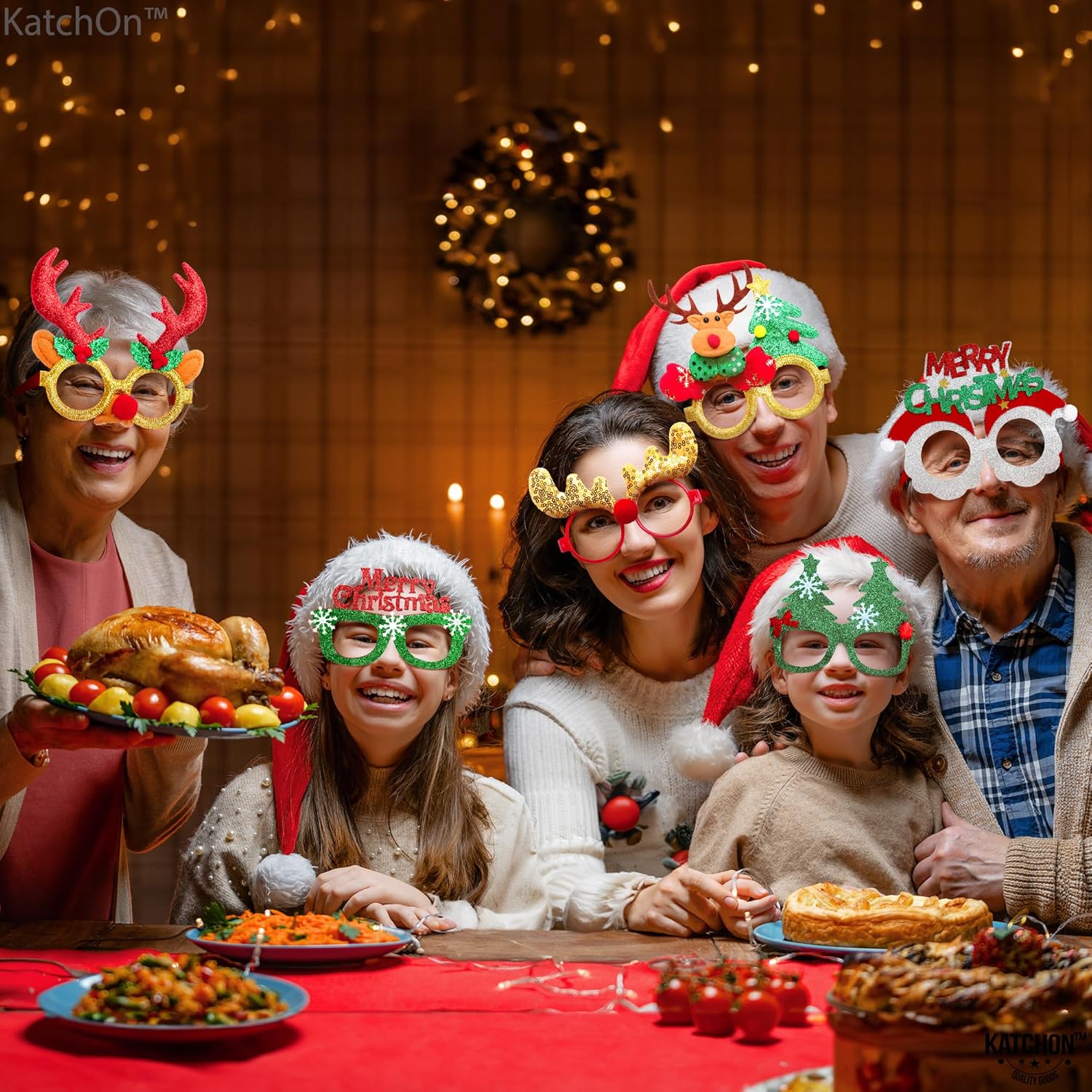 KatchOn, Christmas Photo Booth Signs - Pack of 35 | Glitter Christmas Glasses for Kids - Pack of 24 | Christmas Photo Booth Props for Christmas Party Decorations | Christmas Accessories Kids, Adults