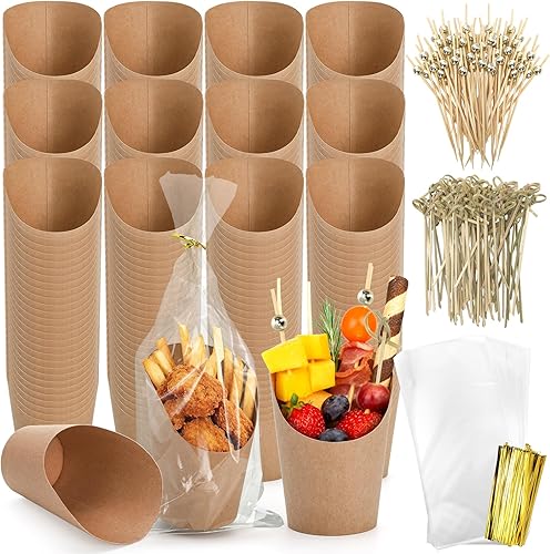 Lawei Paquete de 100 vasos de papel kraft para papas fritas de 14 onzas, desechables, soporte para papas fritas para llevar, para fiestas,