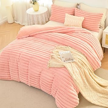ANGIYUIN Blush Pink Girls Comforter Cover Twin Faux Fur Duvet Cover Set | 3 Pieces Fluffy Stripe Kids Duvet Cover Set Soft Fluffy Bedding Cover Set with Pillowcases for All SeasonBlush Pink Twin