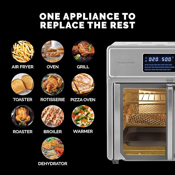 Kalorik MAXX Air Fryer Oven, 26 Quart 10-in-1 Countertop Toaster Oven & Air Fryer Combo - Fry, Bake, Roast, Rotisserie, More, Large Glass French Doors & 9 Accessories, 1700-Watts, Stainless Steel