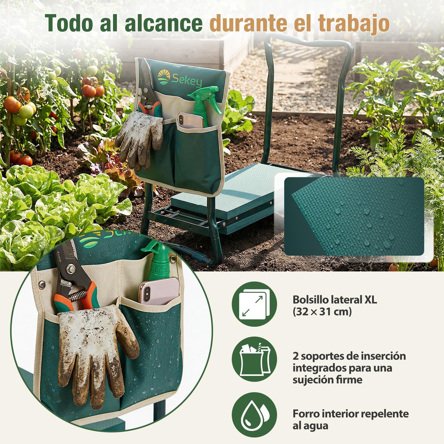 Sekey Reposarodillas Regulable en Altura para jardinería, Capacidad de Carga 160 kg, Taburete de jardín Plegable con Bolsillos para Herramientas, Ayuda para Rodillas para jardinería, 60 x 50 x 28 cm