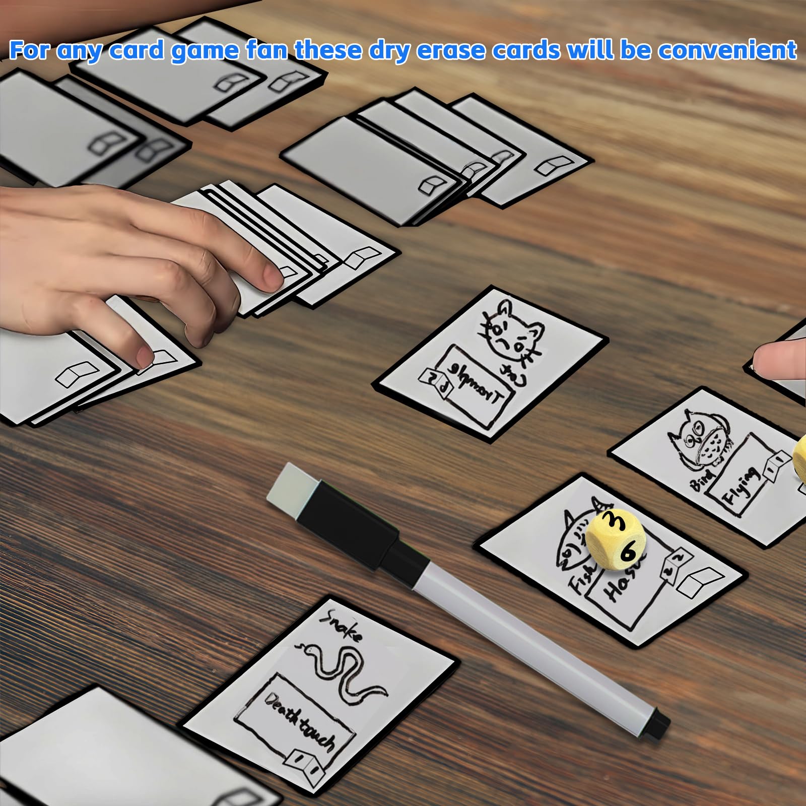 50 fichas multifuncionales de borrado en seco con 1 caja de almacenamiento, 5 marcadores de borrado en seco, 6 dados en blanco y 2 paños de limpieza para gafas, cartas de juego reutilizables en blanco 7