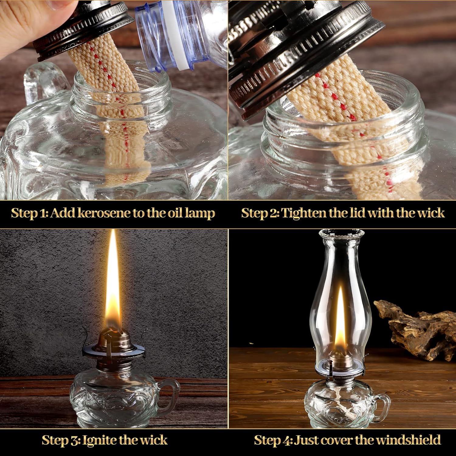 Yahenda 2 Pcs Chamber Oil Lamps for Indoor Use, Classic Kerosene Lanterns, Vintage Oil Lamps, Decorative Hurricane Lantern with Adjustable Fire Wick for Tabletop Decor, 12.6 in(Clear,Black,2 Pcs)