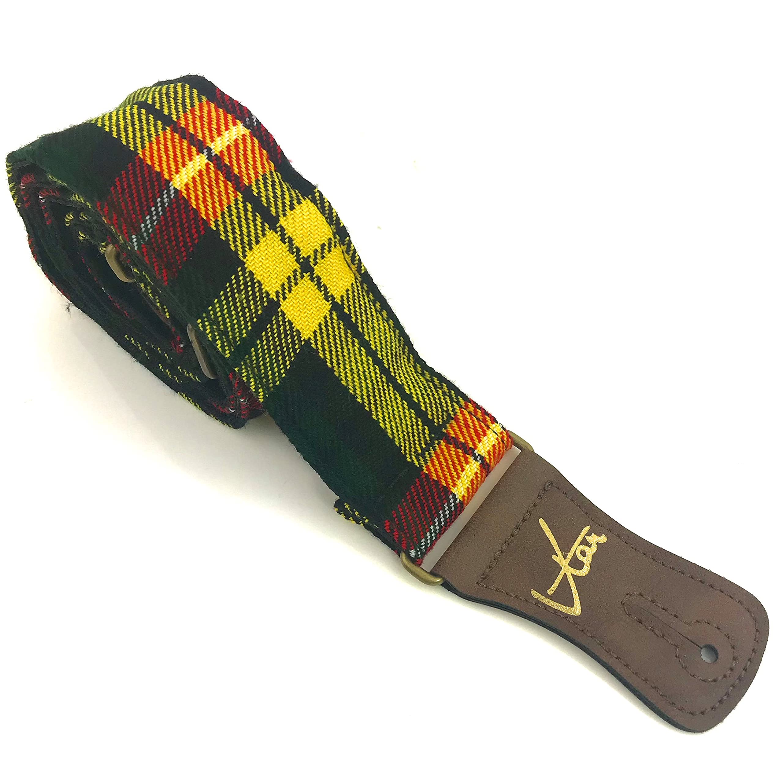 Vtar Handmade Scottish Highland Tartan 70's Guitar Strap with Vegan brown leather end (Modern Buchanan)