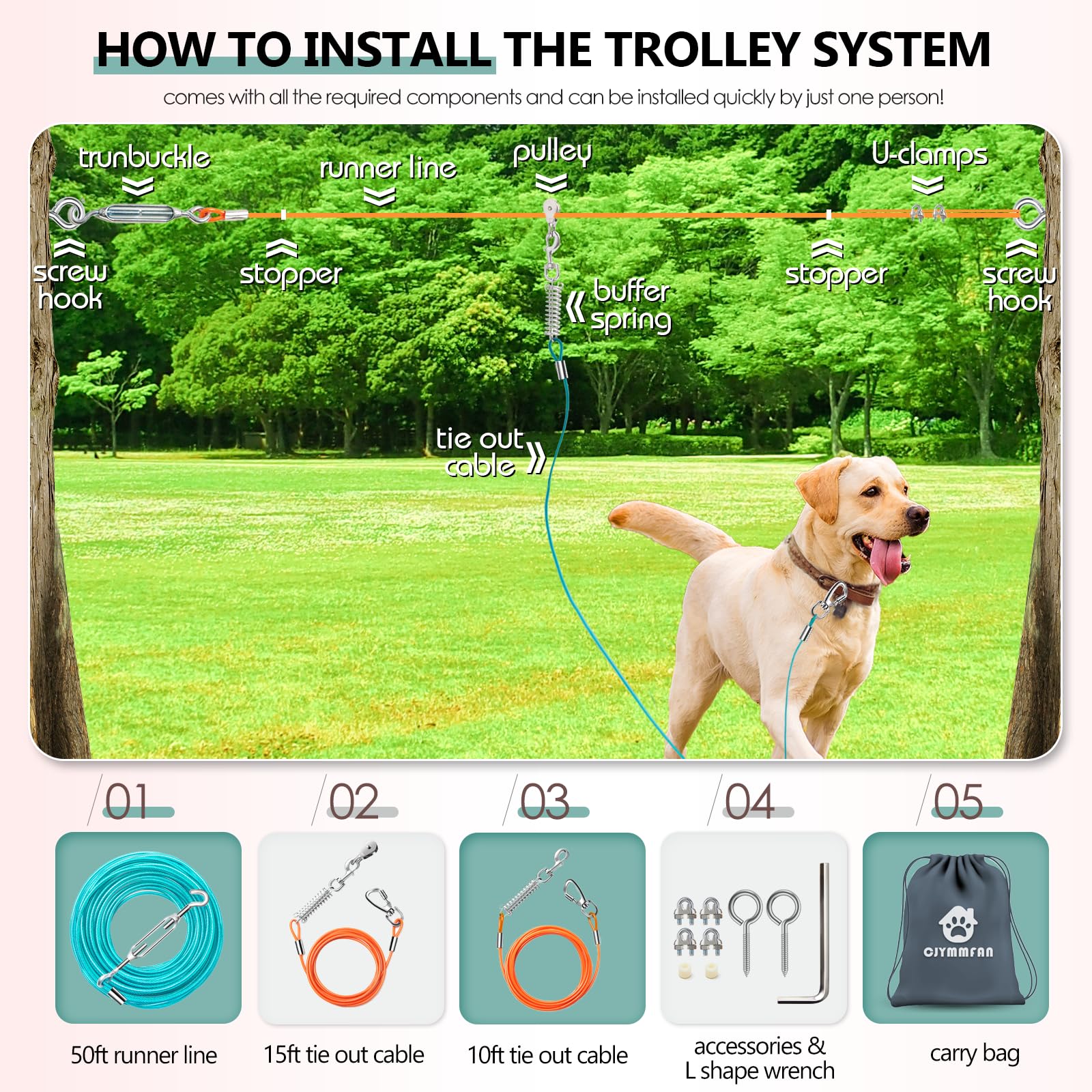 Cavo per legare cani da 15,2 m, per cani fino a 113,4 kg, guinzaglio per cani, per cortile, campeggio, all'aperto, con due pulegge da 3,4 m e 4,6 m