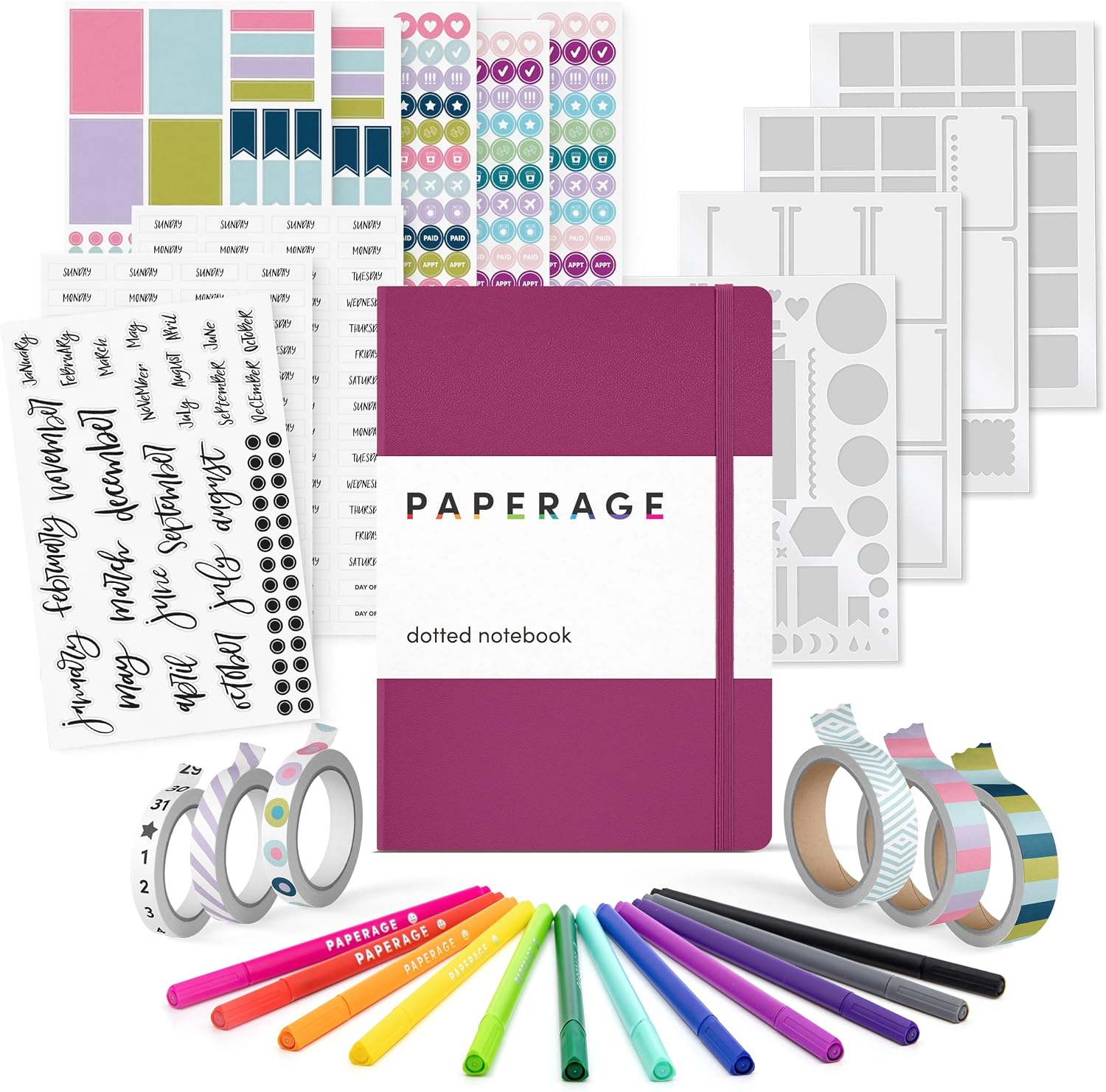 PAPERAGE Bullet Journal Kit, Dotted Journaling Set & Stationary Kit, Hardcover Dotted Journal Notebook (Blush), 12 fineliner Pens, 8 Sticker & 3 Stencil Sheets, 6 Washi Tapes