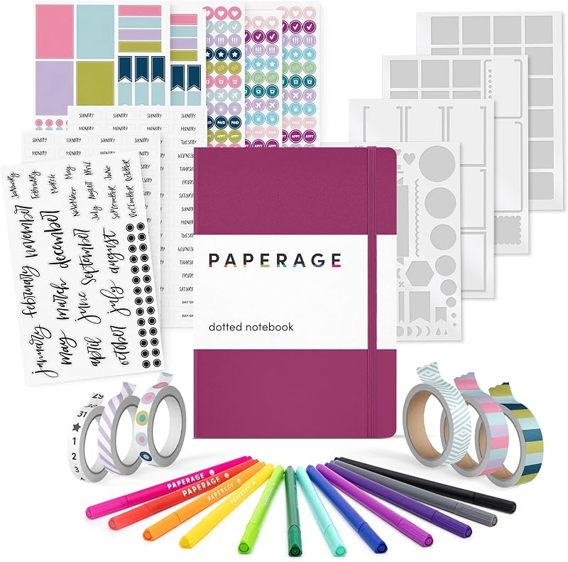 PAPERAGE Bullet Journal Kit, Dotted Journaling Set & Stationary Kit, Hardcover Dotted Journal Notebook (Raspberry), 12 fineliner Pens, 8 Sticker & 3 Stencil Sheets, 6 Washi Tapes