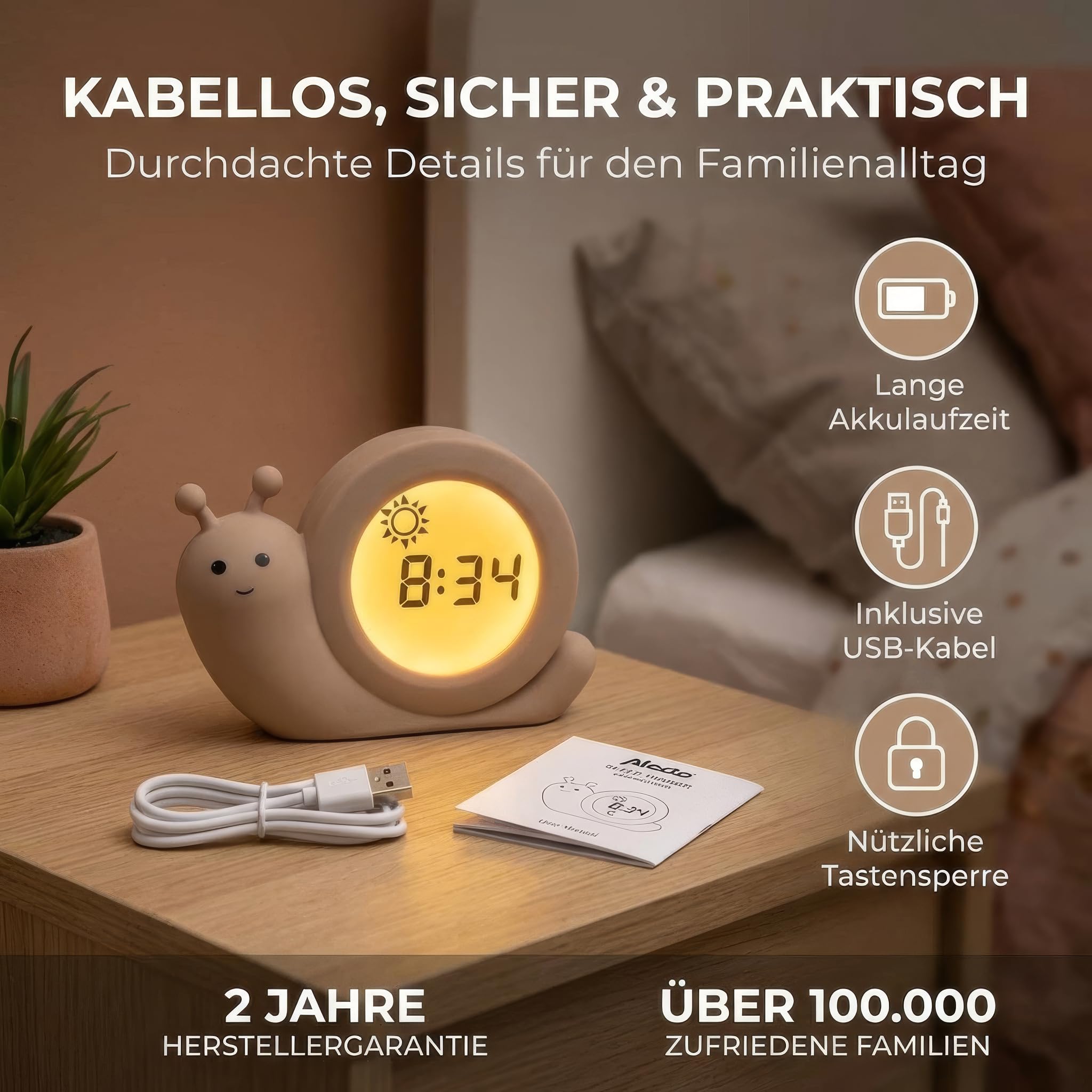 Alecto BC110BE Kinderwecker Schlaftrainer mit Nachtlicht Taupe