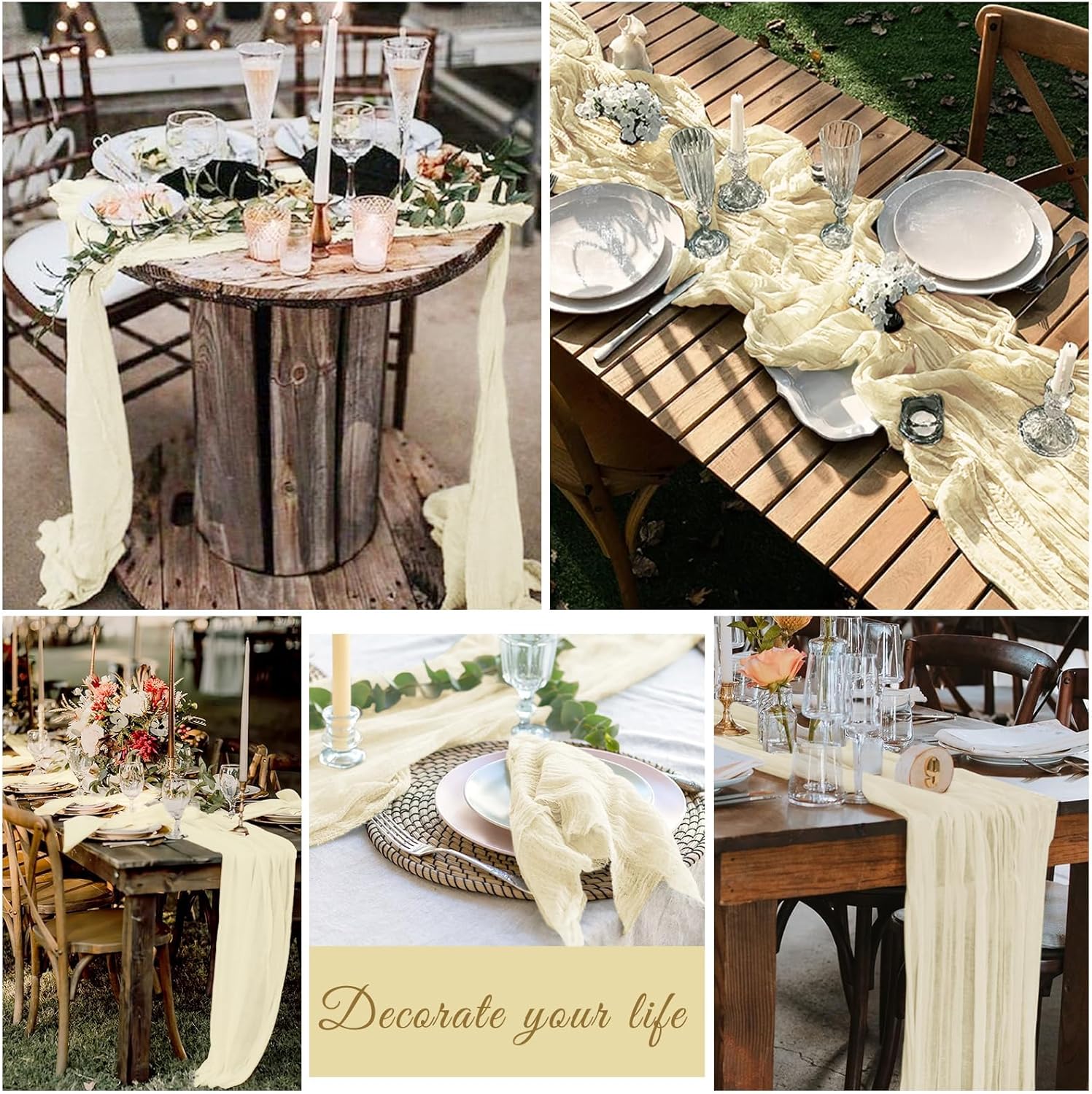 10 Pack Cheesecloth Table Runner 20 x 120 inch Long Boho Gauze Table Runners 10FT Semi Sheer Table Runner for Wedding Decor, Baby Shower, Birthday Party, Banquet (Ivory)