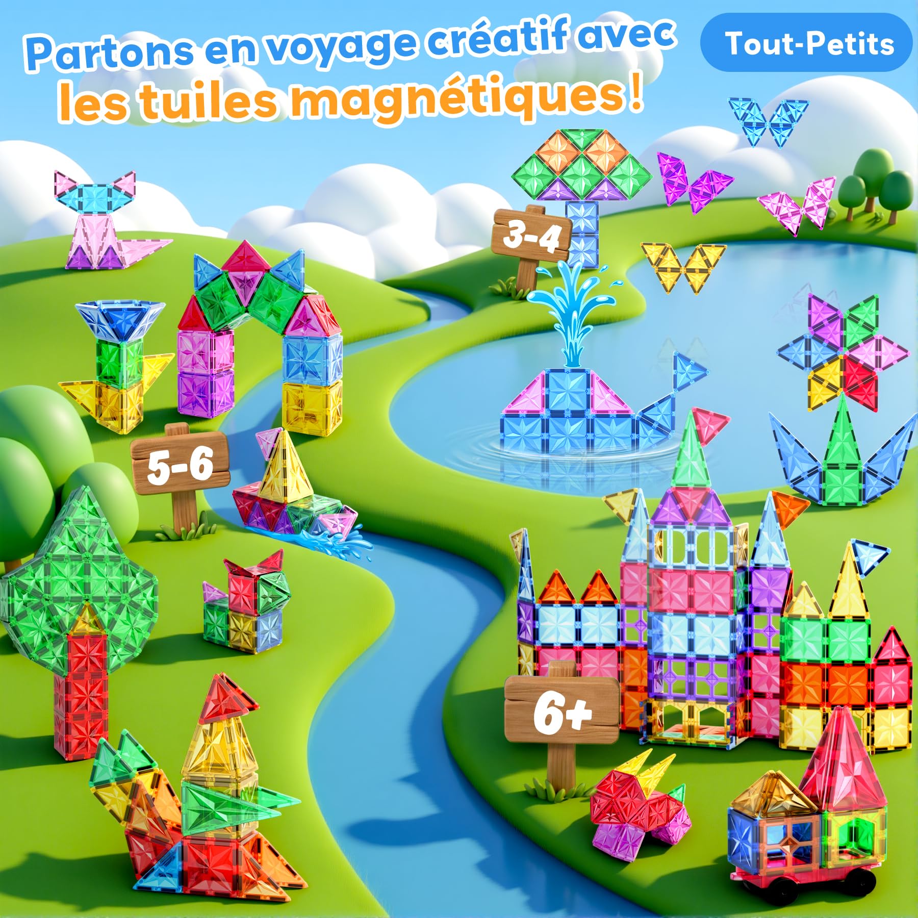 WOOBLO Bloc magnétique 108 pièces avec 2 Voitures, Jeu de Construction magnétique pour Enfants à partir de 3 Ans, Jouet créatif à aimants, Jouet Montessori, Cadeau pour garçons et Filles Amovible