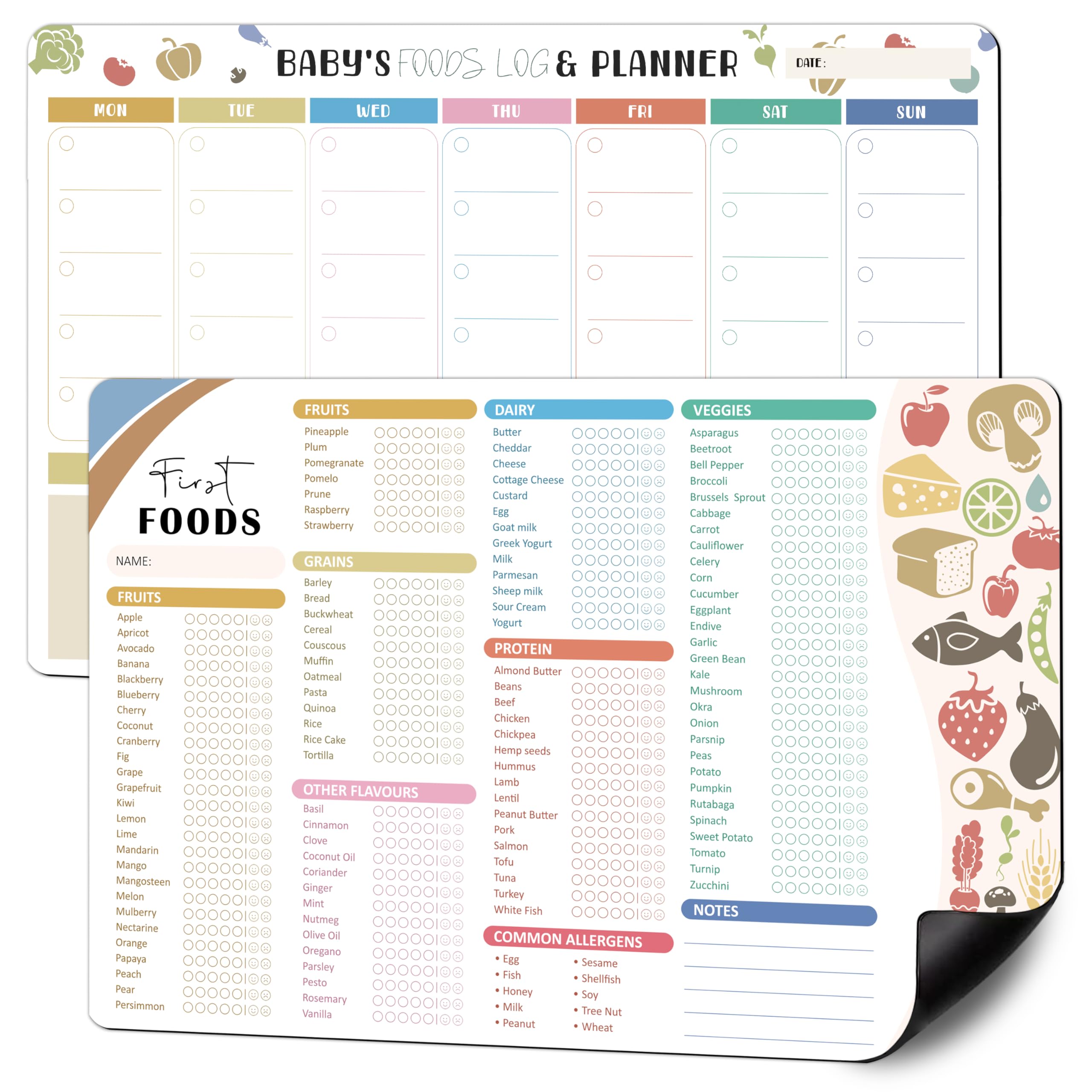 BIROYAL 2 Pcs Baby First Foods Tracker Fridge Magnet, Led Weaning Supplies, 101 Foods Checklist Before One & Daily Food Log, Baby Feeding Essentials: Track New Tastes & Plan Meals Your Baby Loves
