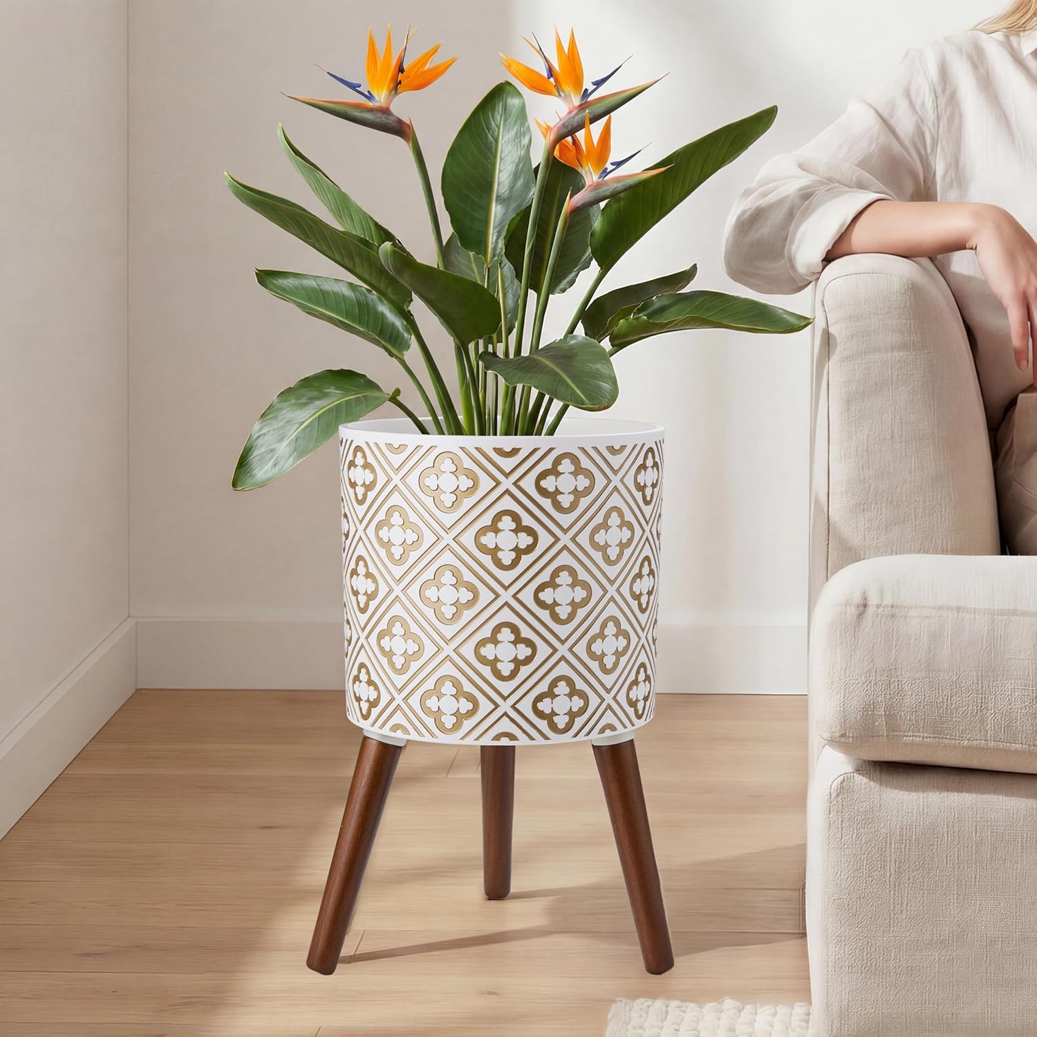 naclto 12 Inch Planter Pot with Stand,Plant Stand Plant Pot for Indoor Plants,Large Modern Flower Pots Indoor Outdoor with Drainage for Home Garden Patio, White and Gold