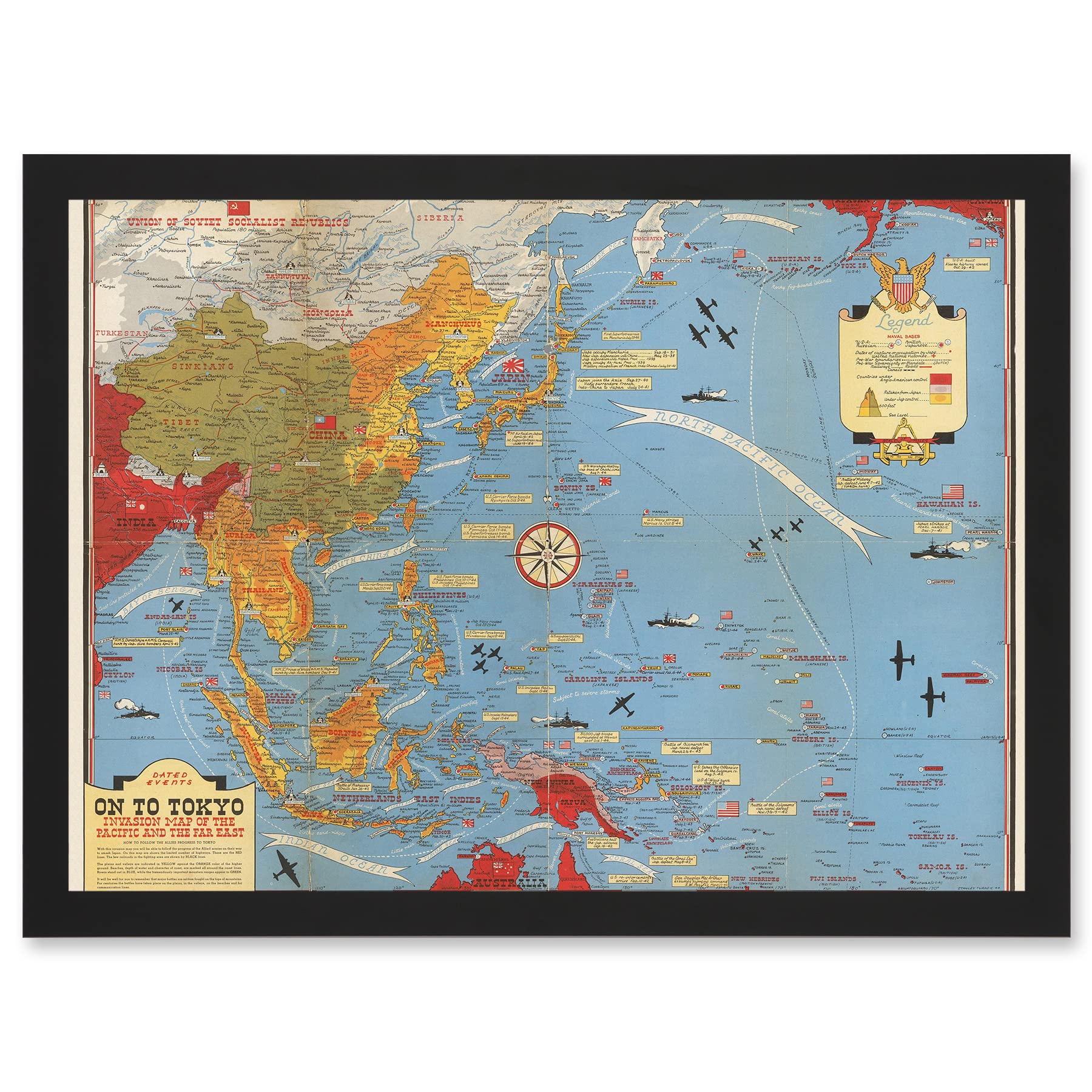 Artery8 Military Map Turner 1944 World War WWII On To Tokyo Pacific Artwork Framed Wall Art Print A4