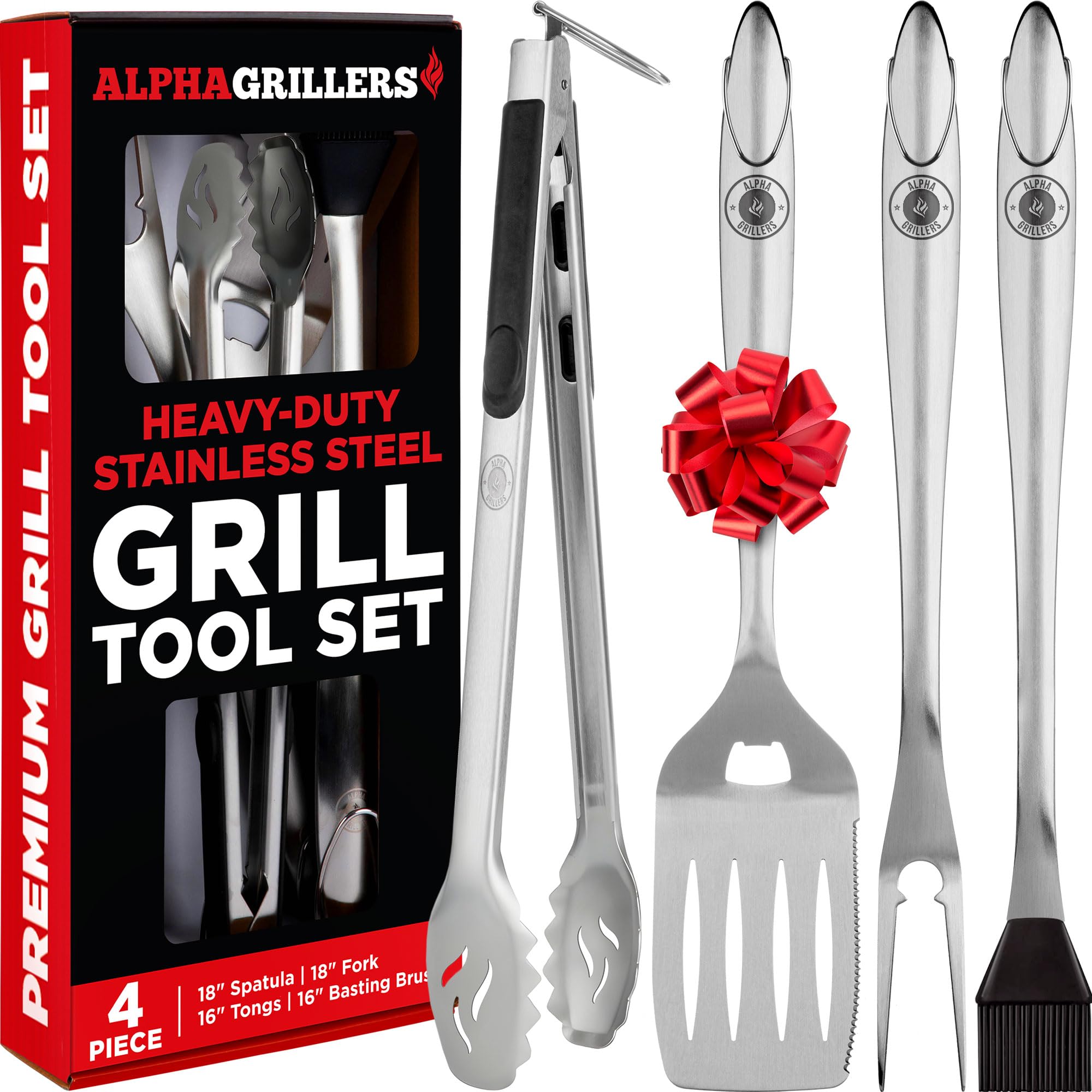 Alpha Grillers Grill Set Heavy Duty BBQ Accessories - BBQ Gifts Tool Set 4pc Grill Accessories with Spatula, Fork, Brush & BBQ Tongs - Grilling Cooking Gifts for Men Dad Durable, Stainless Steel