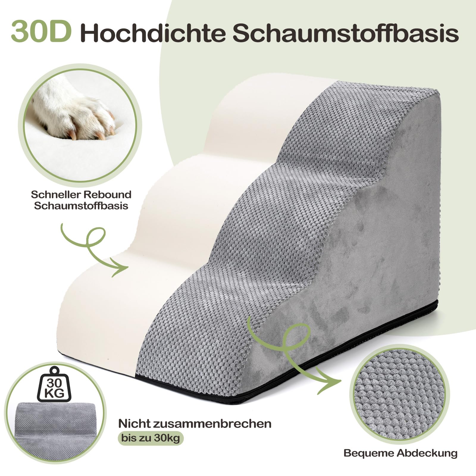 Hundetreppe für Kleine Hunde 40cm, 30D Hochdichter Schwamm Hundetreppe, Haustiertreppe für Bett Sofa mit Waschbarem Bezug und Rutschfestem Boden, 40x60x40cm, 3 Stufen, Grau