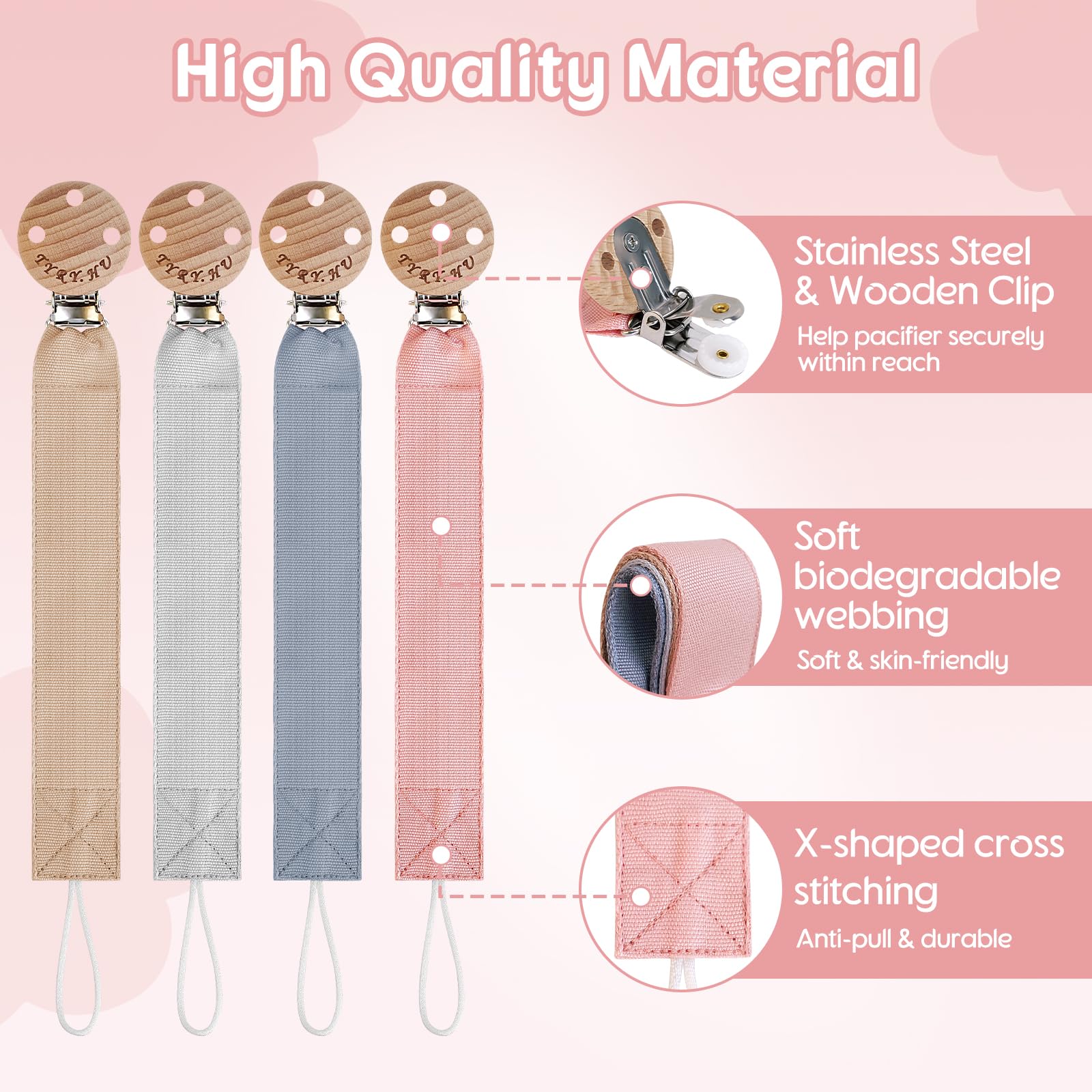 TYRY.HU Catenella Portaciuccio Tessuto Morbido Catenella Ciuccio Fatto a Mano Succhietto Porta Clip di Legno Cotone Bambini Ragazzi Massaggiagengive Clip Baby Regalo,4 Pezzi