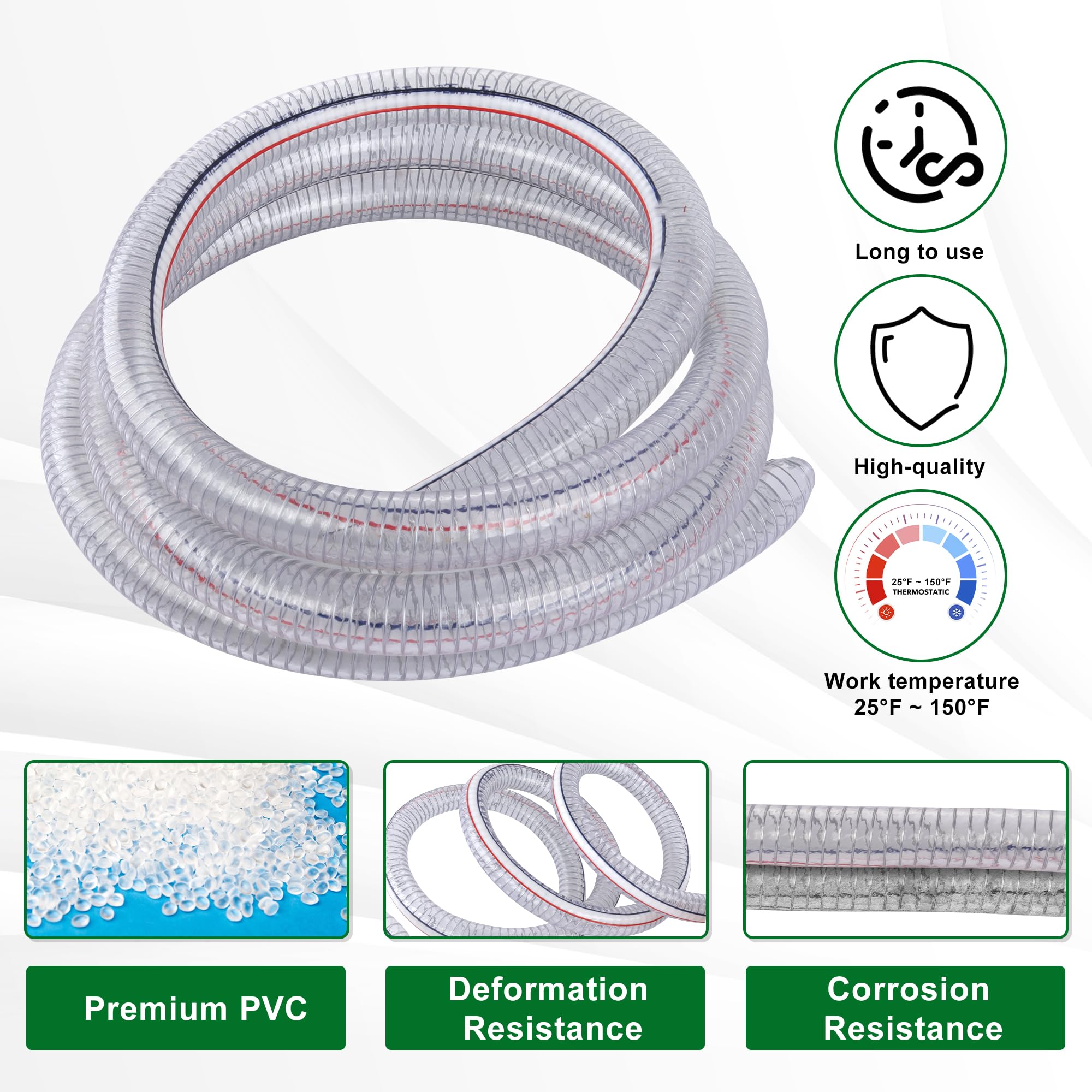 Gerguirry Manguera de alambre de acero resistente de 1 pulgada de diámetro interior x 20 pies, tubo de vacío flexible de PVC, manguera de vinilo grueso resistente a los rayos UV de alta presión, 20