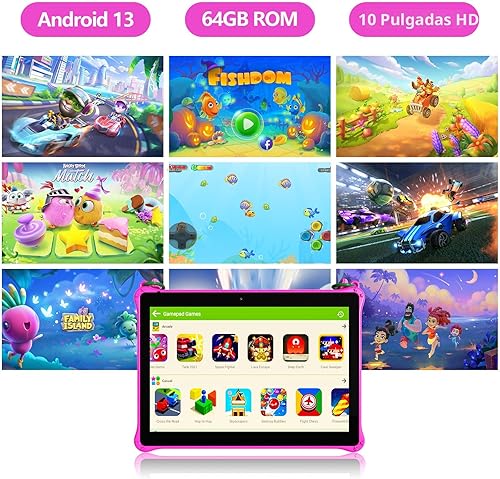 Miniatura 2 de PRITOM Tablet de 10 pulgadas para niños Android 13, tableta con cordón 64GB, Quad-Core, pantalla HD IPS, WiFi, cámara dual, tableta para niños