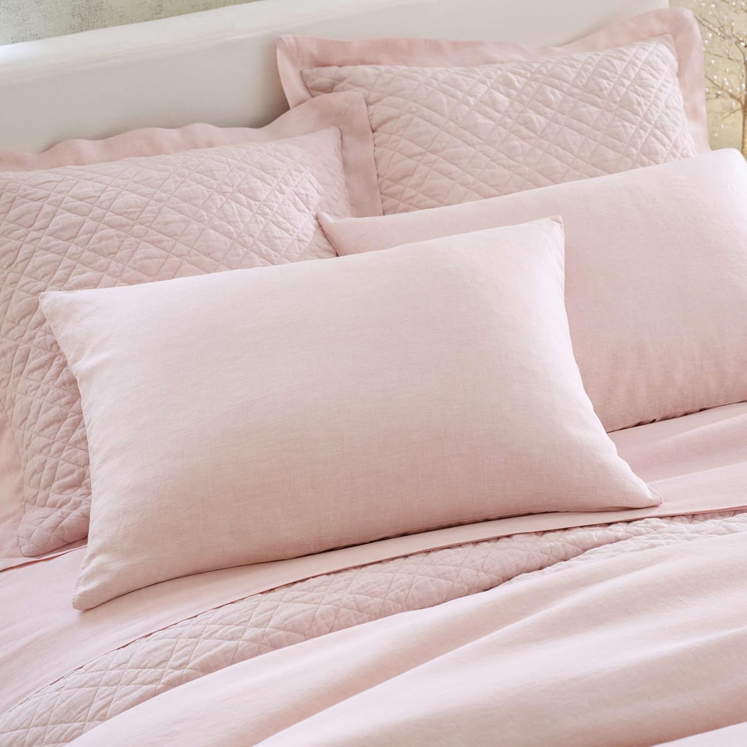 Pine Cone Hill Washed Linen Soft Pink Quilted Sham, Euro Size, Pink Solid Pattern